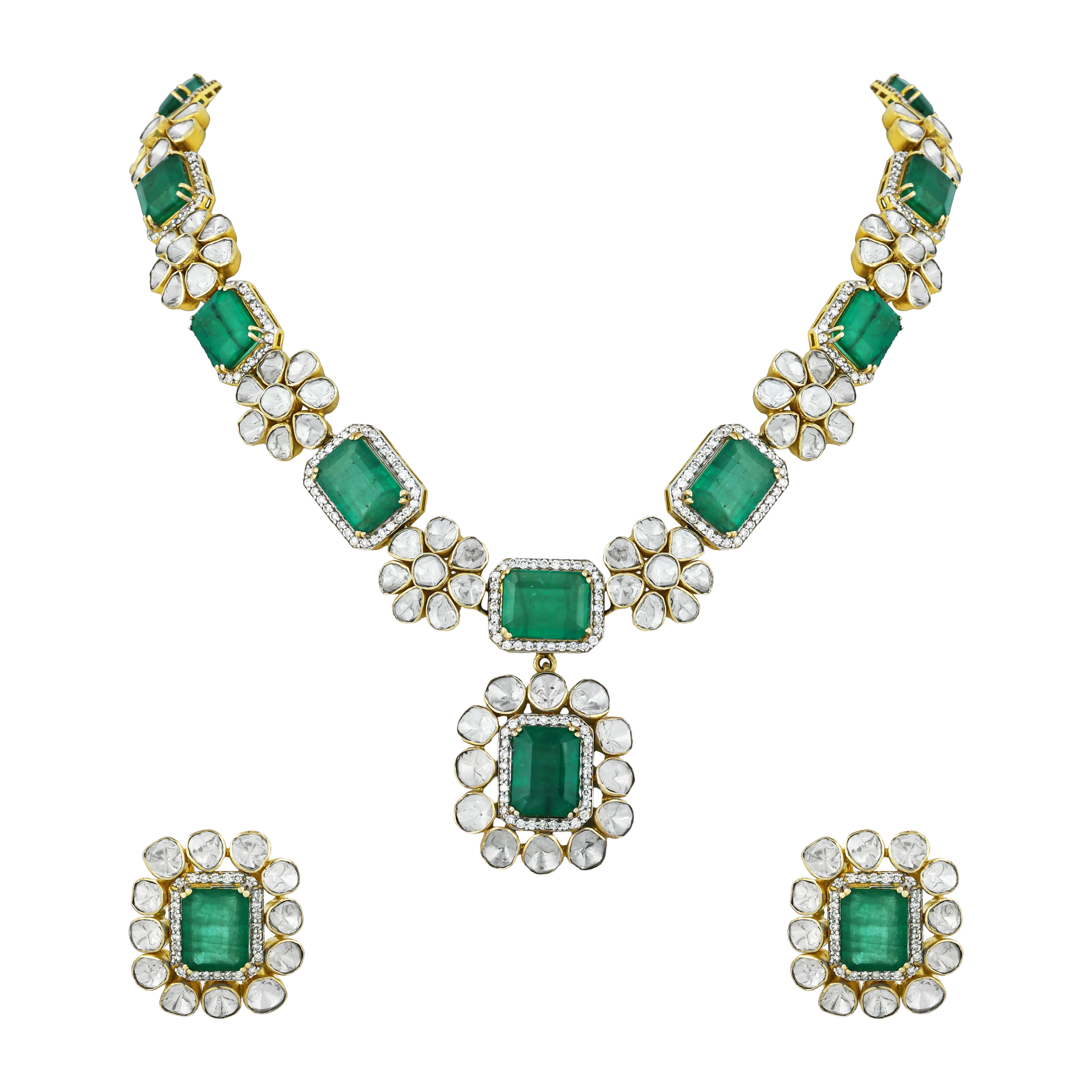 Emerald & Polki Necklace Set with Floral Motifs