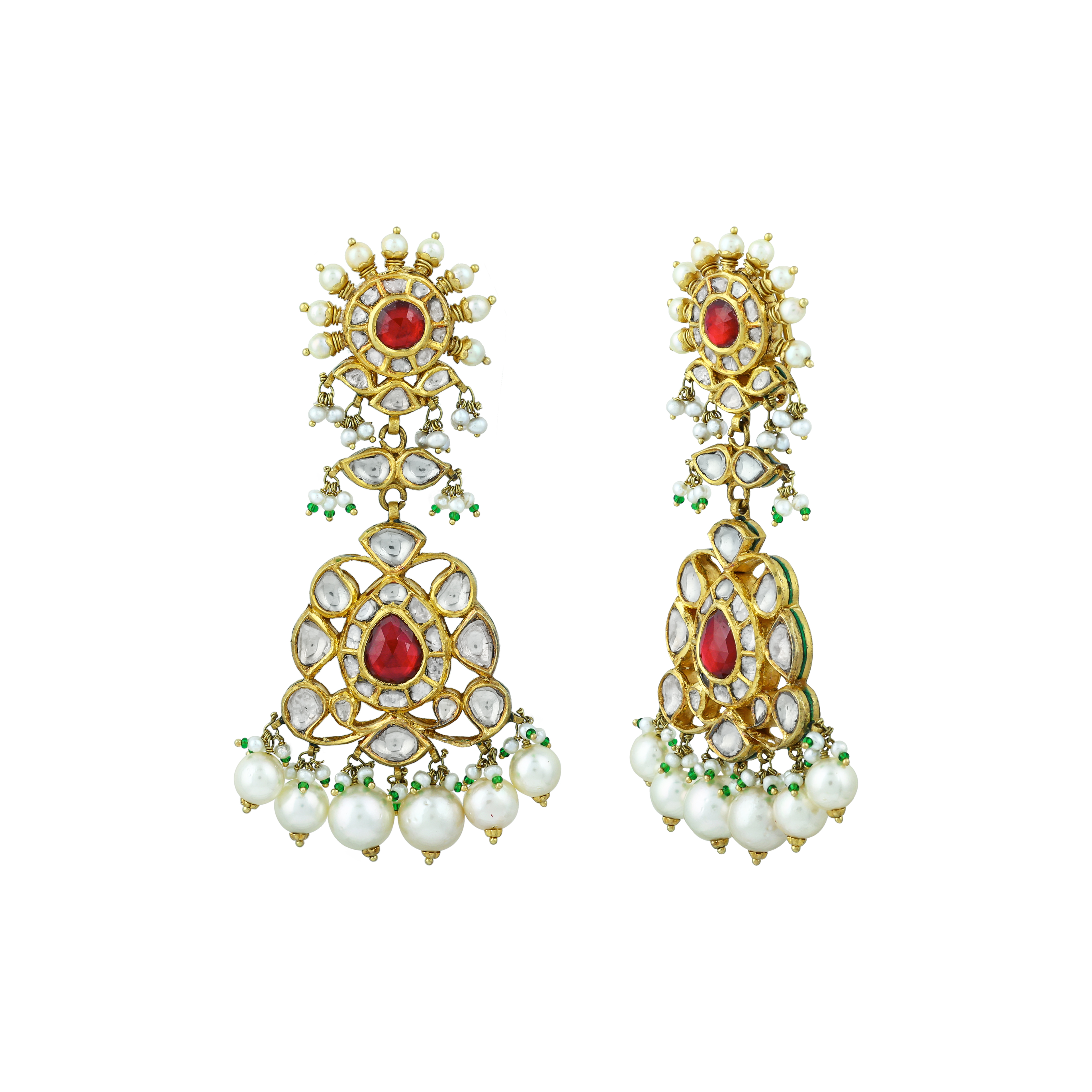 Red Stone Necklace Set with Polkis & Pearl Drops