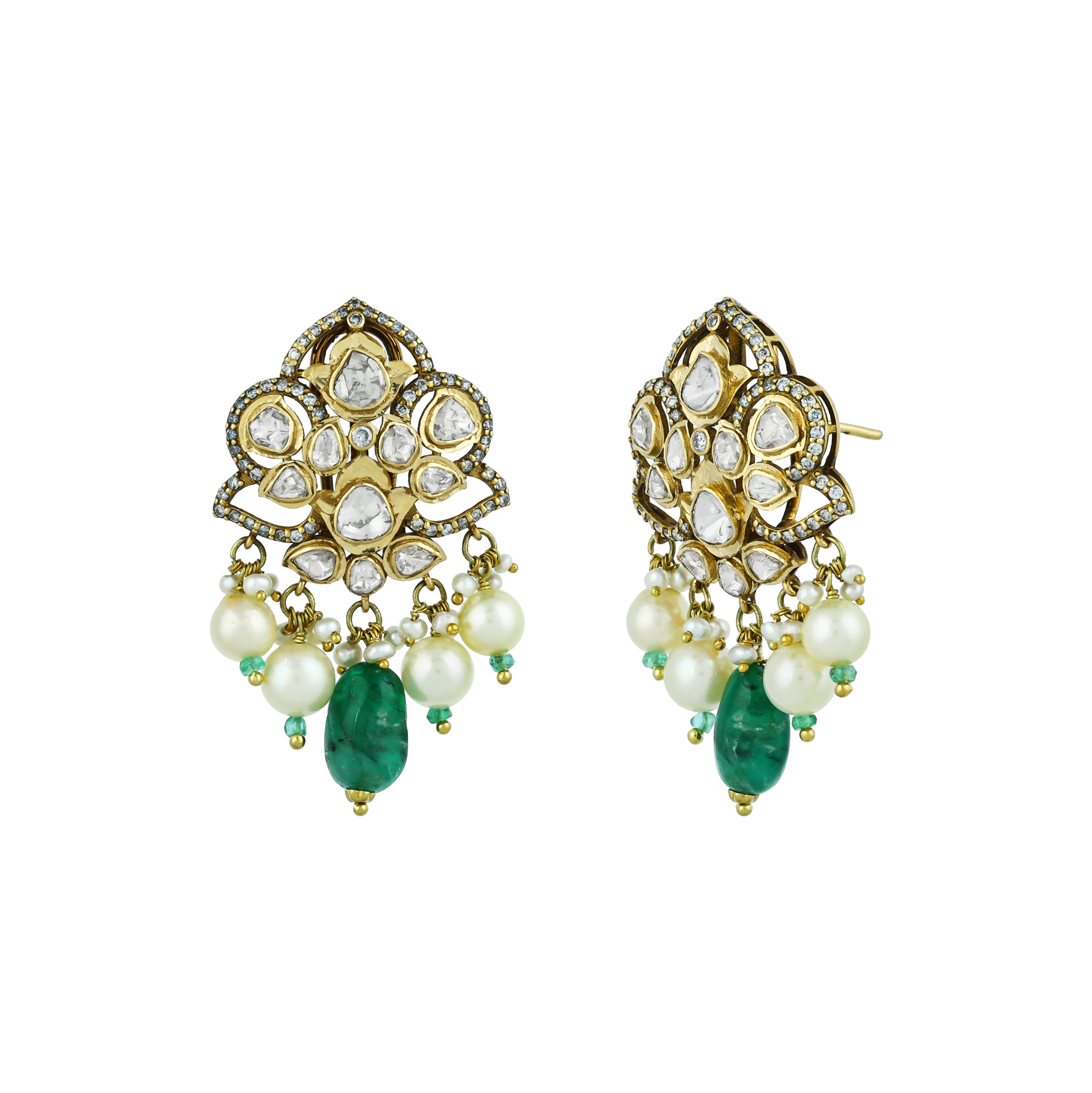 Floral Polki Earrings with Emerald and Pearl Drops