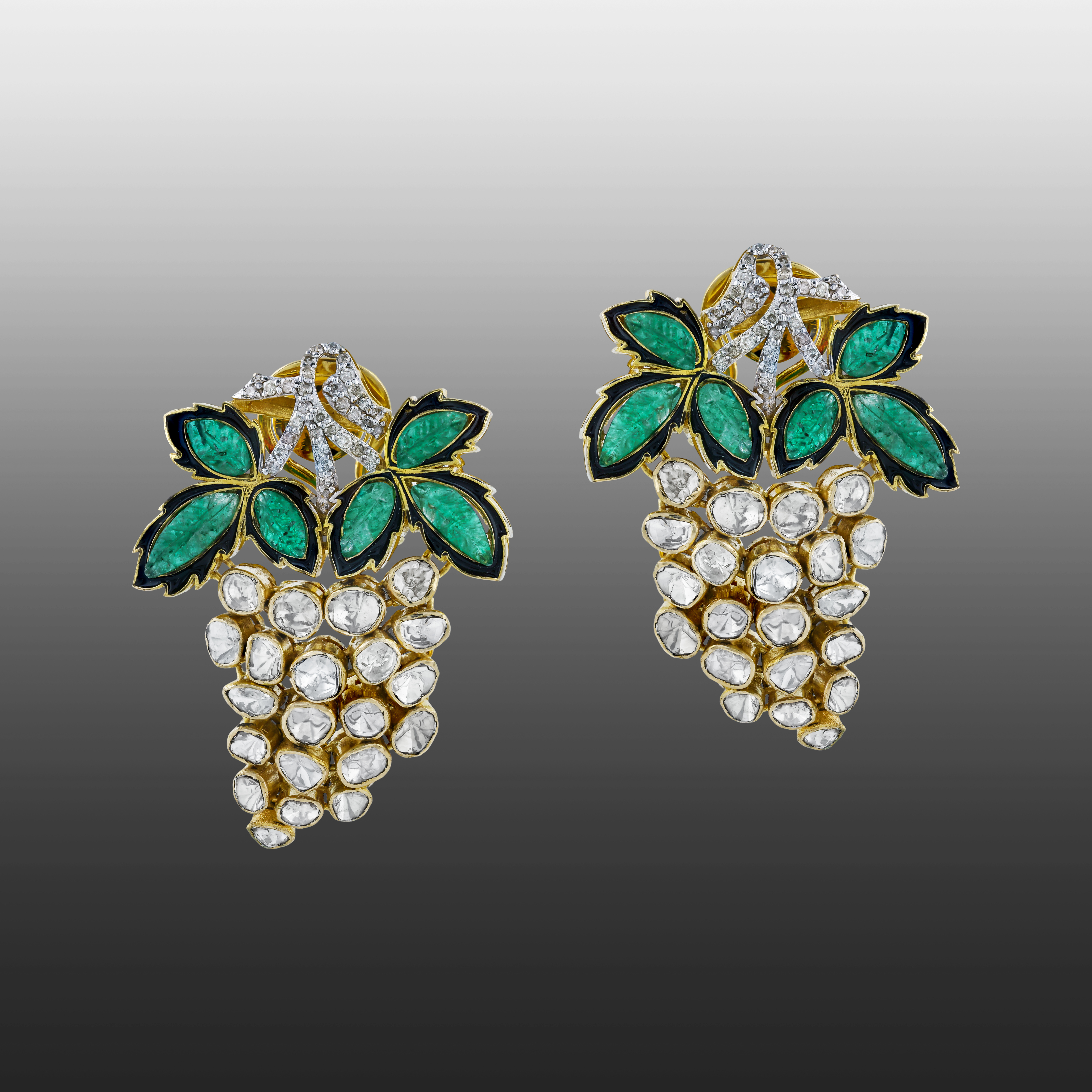 Cluster of Grapes Earrings with Uncut Diamond Polki and Green Talafs