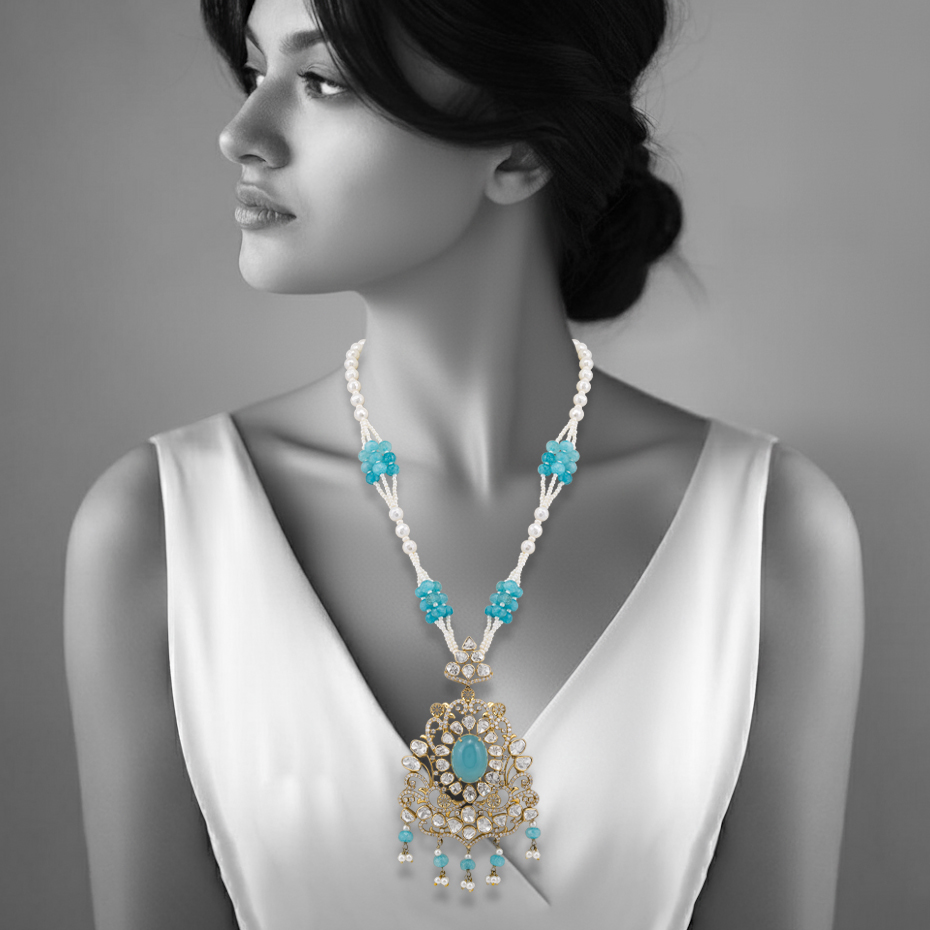 Aqua Pendant Necklace with Pearl and Polki Details