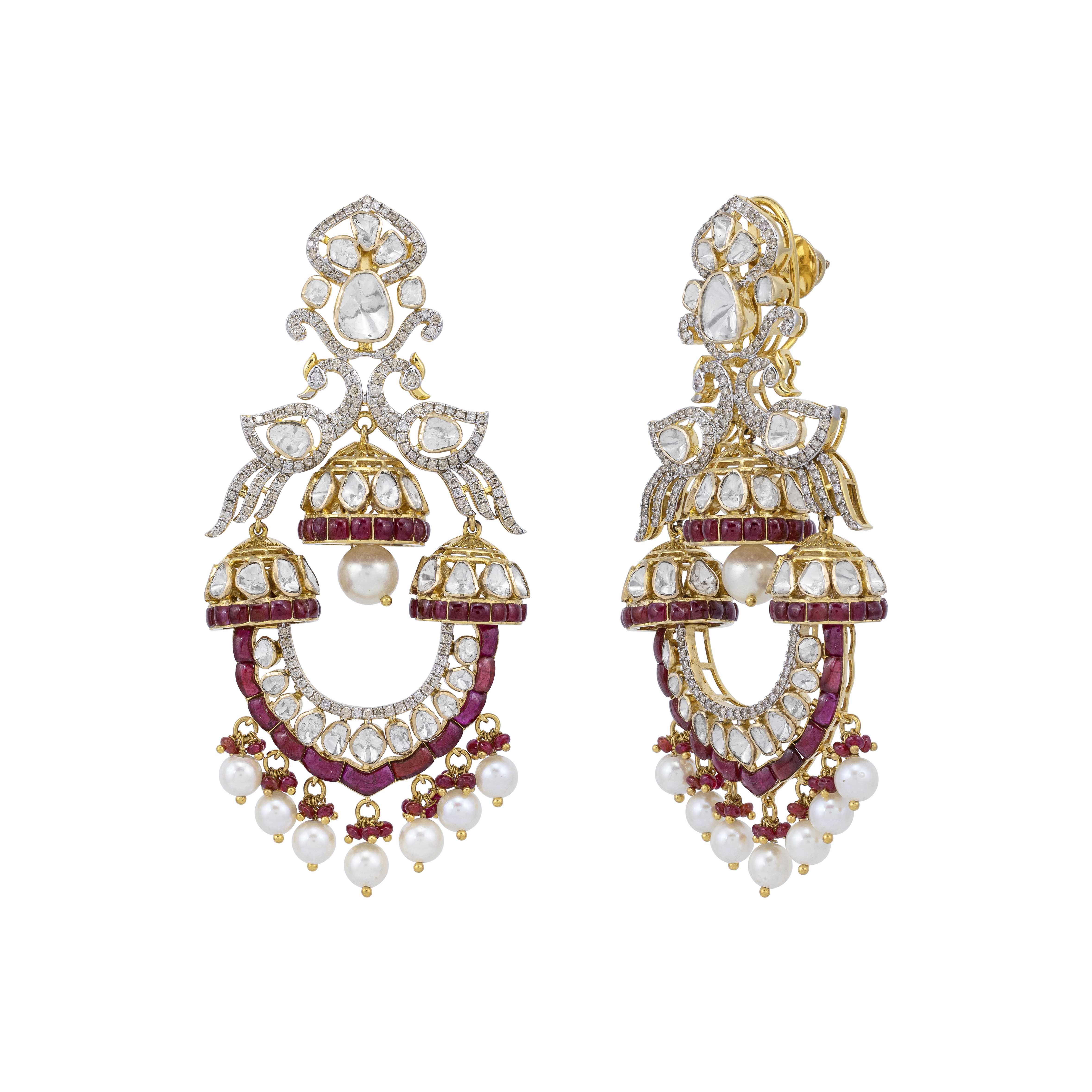 Ruby Bead and Pearl Danglers with Polki