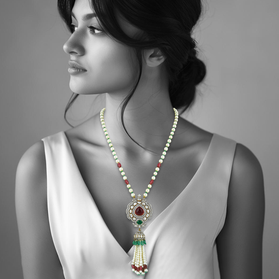 Polki Pendant with Pearl Tassels & Pear Tourmaline