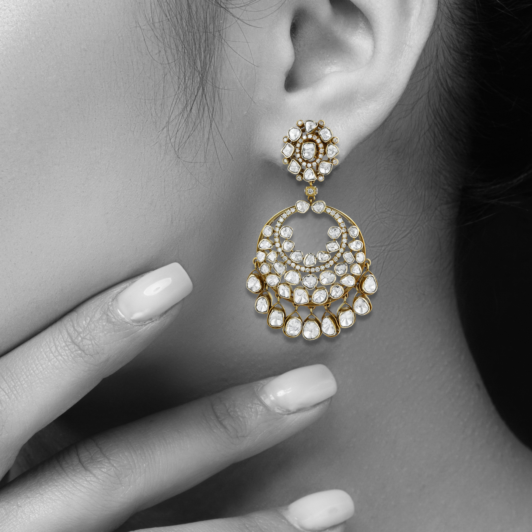 Polki Antique Chandbali Earrings with Polki Drops