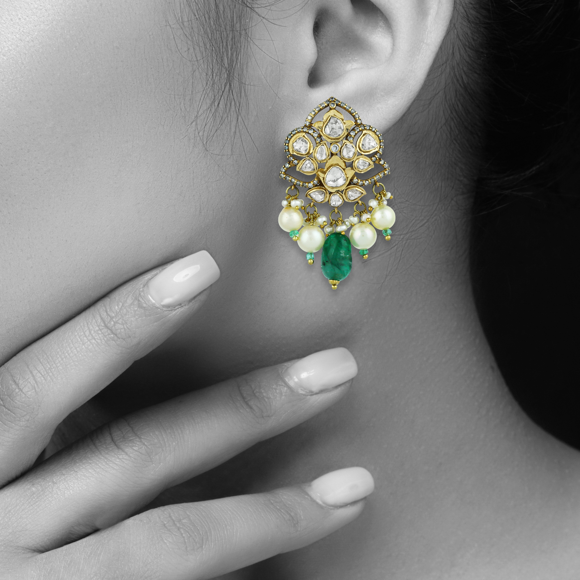 Floral Polki Earrings with Emerald and Pearl Drops