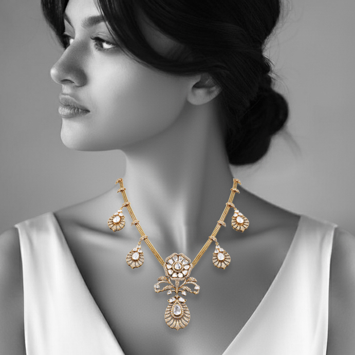 Antique Style Polki and Diamond Pendant Necklace