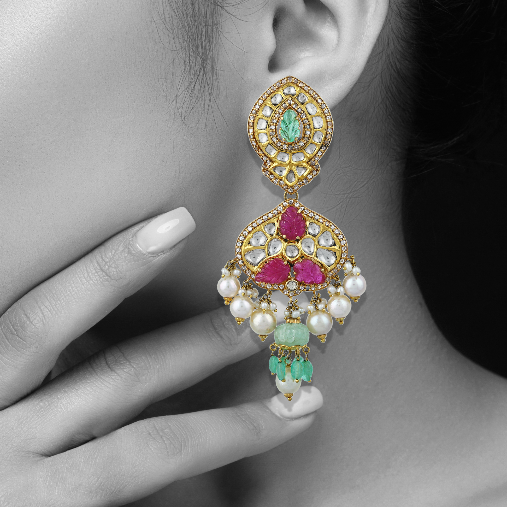 Ruby, Diamond & Emerald Choker Set with Pearl Drops