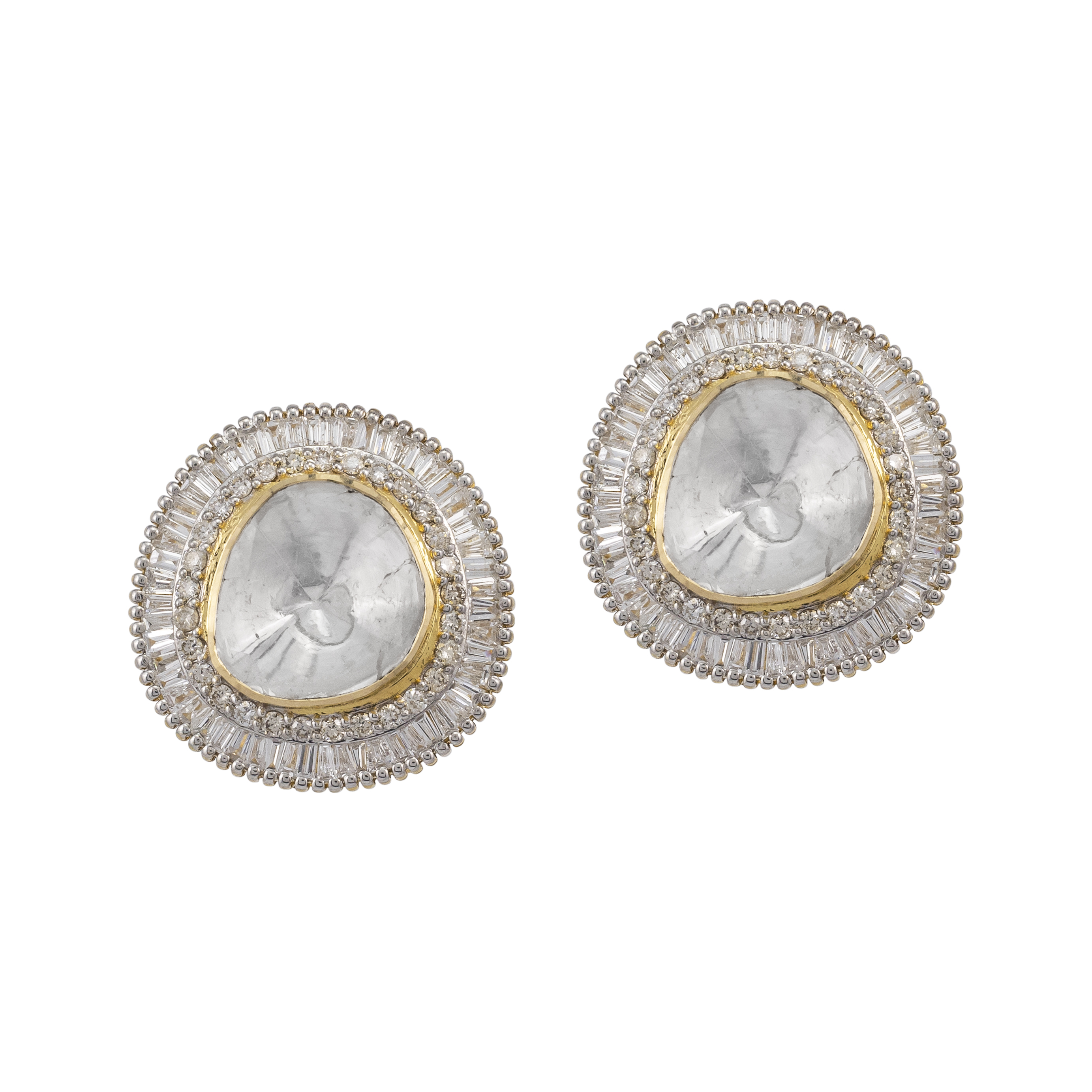 Polki Stud Earrings with Baguette and Full-Cut Diamond Halo
