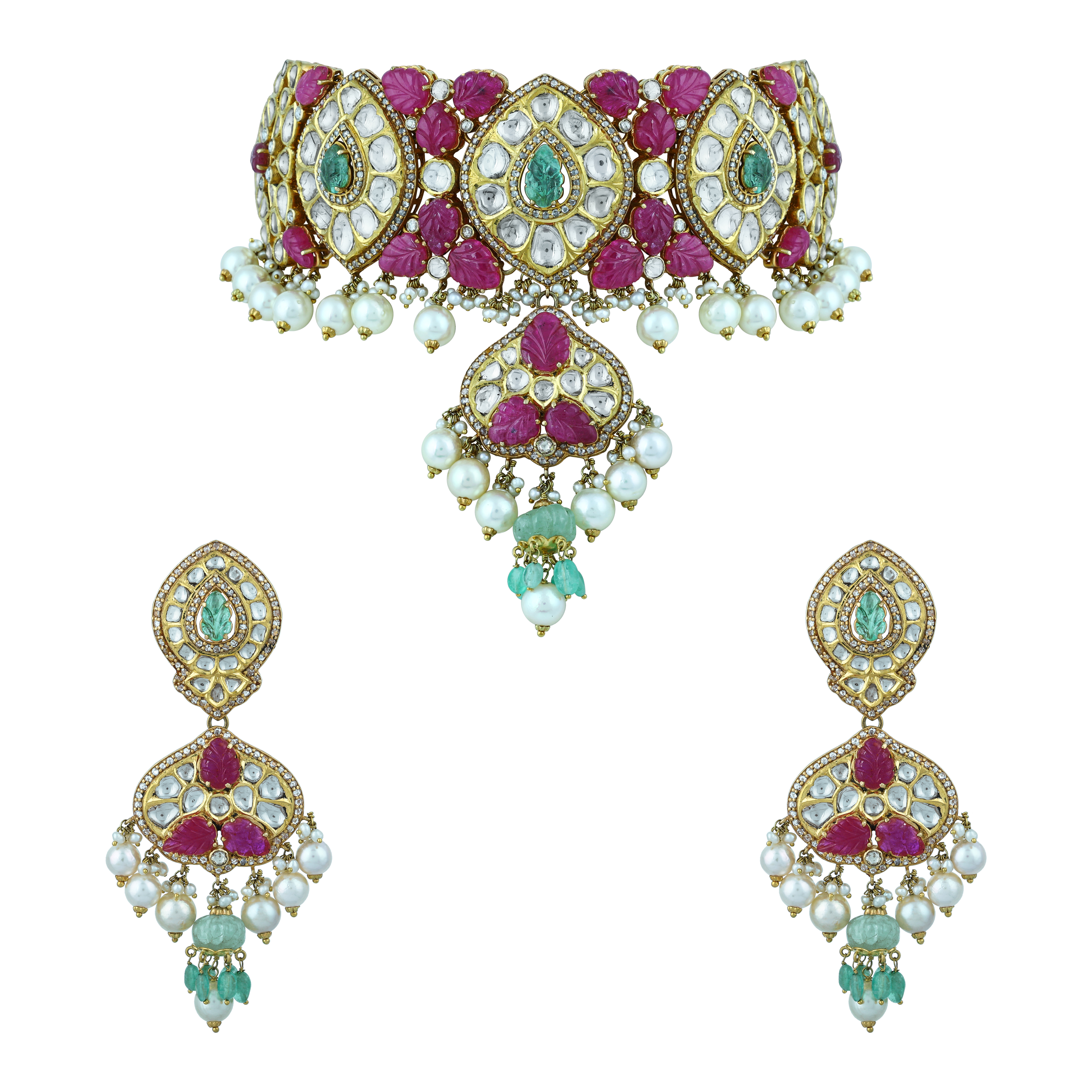 Ruby, Diamond & Emerald Choker Set with Pearl Drops