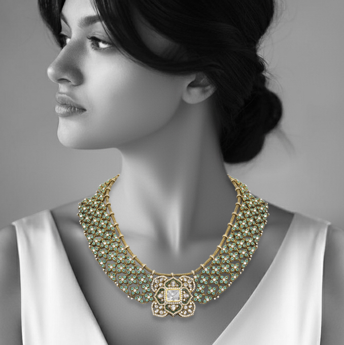 Emerald Cabochon Mesh Necklace