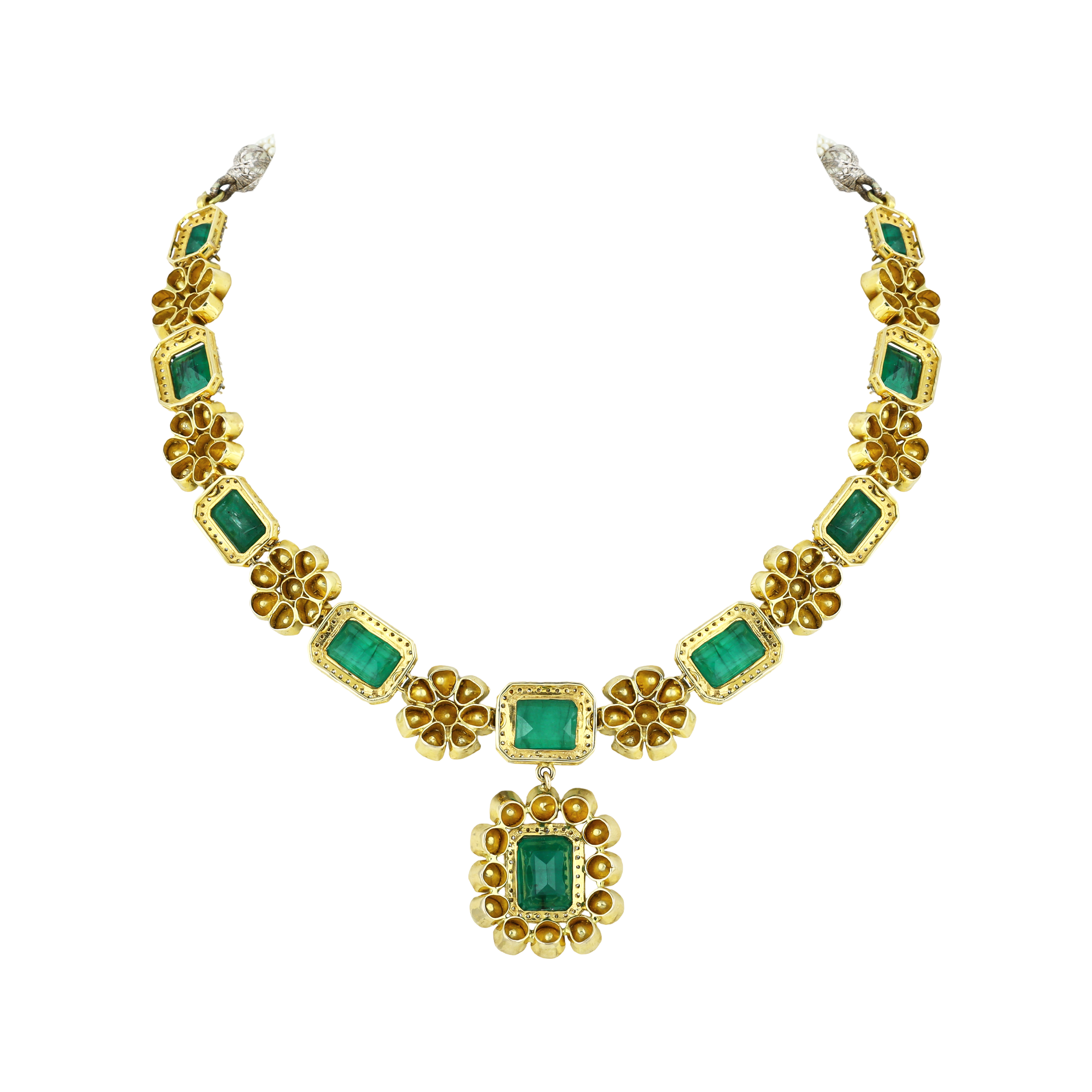 Emerald & Polki Necklace Set with Floral Motifs