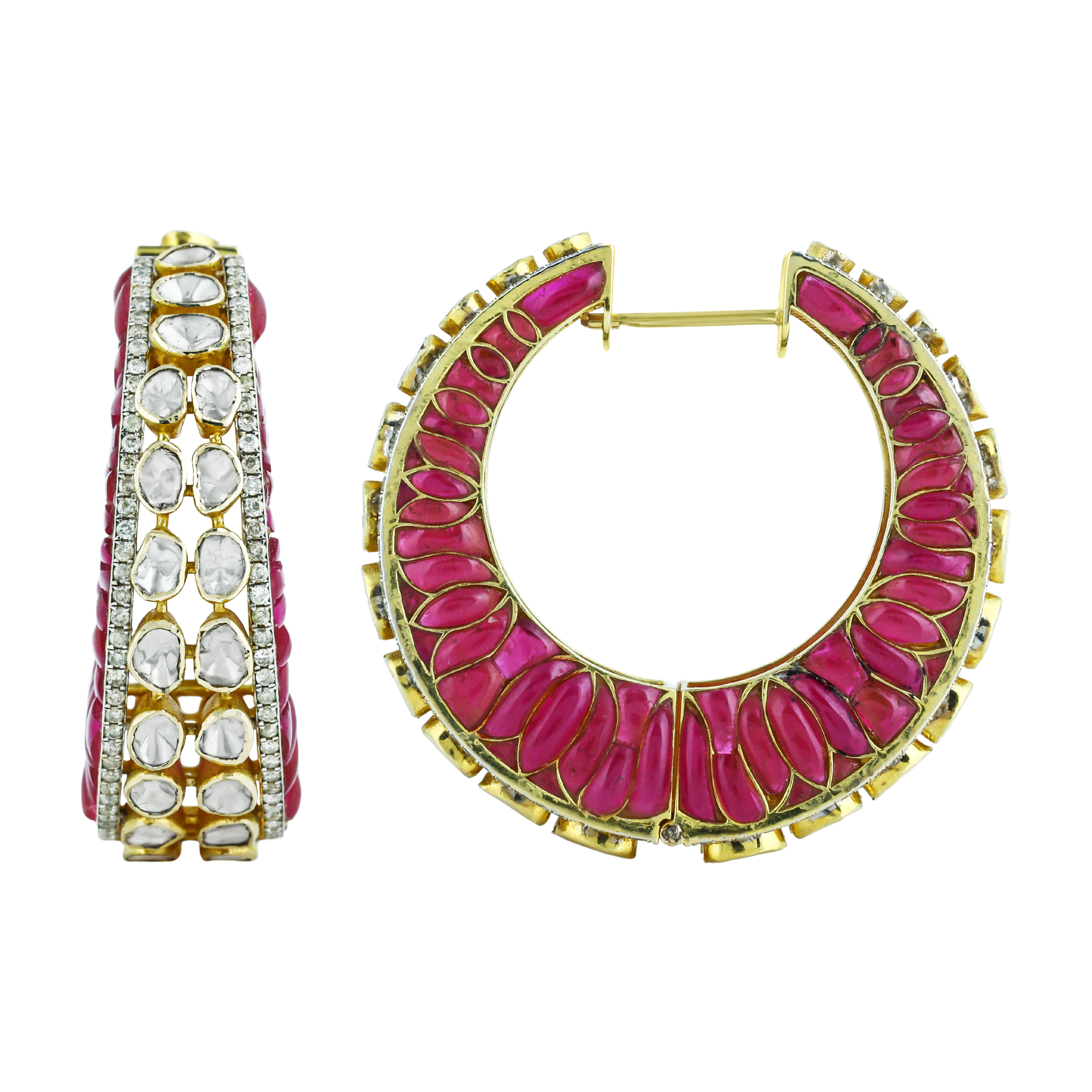 Polki Hoop Earrings with Red Talaf and Dual-Sided Design