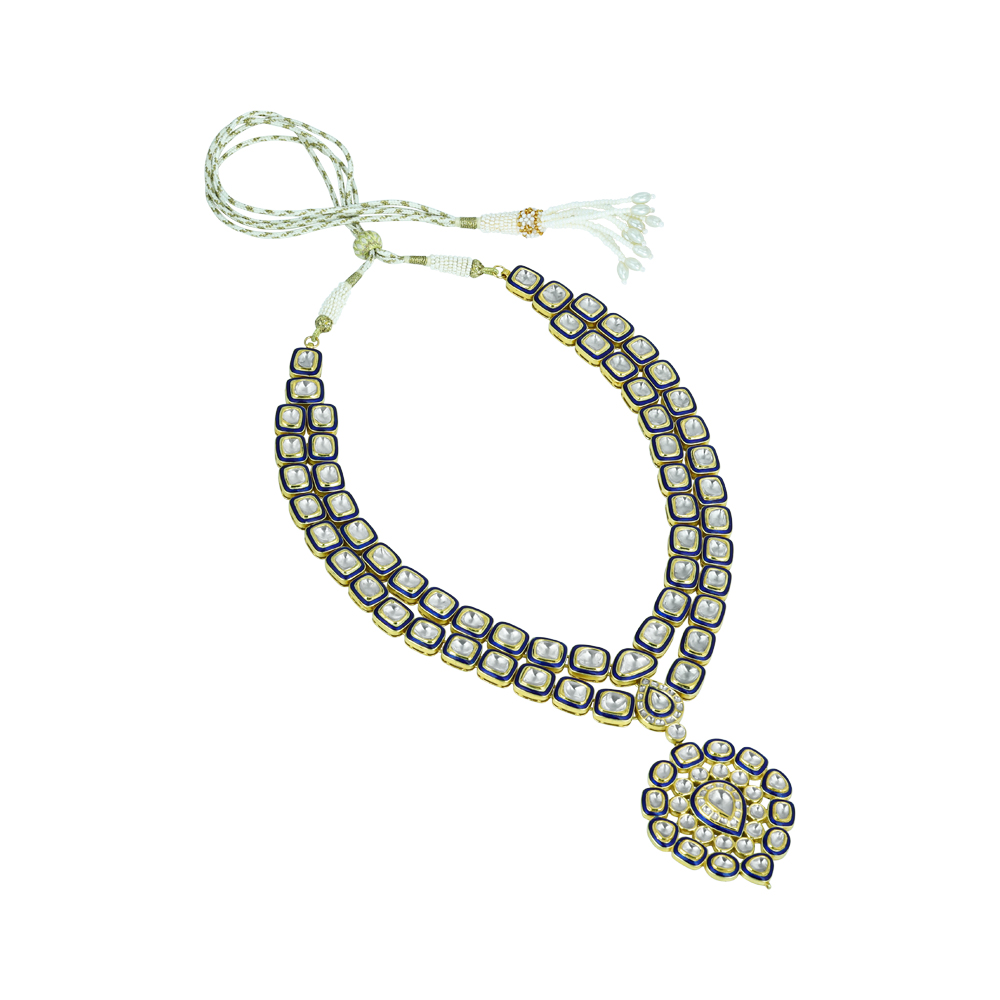 Dual-Layer Polki Necklace with Blue Enamel