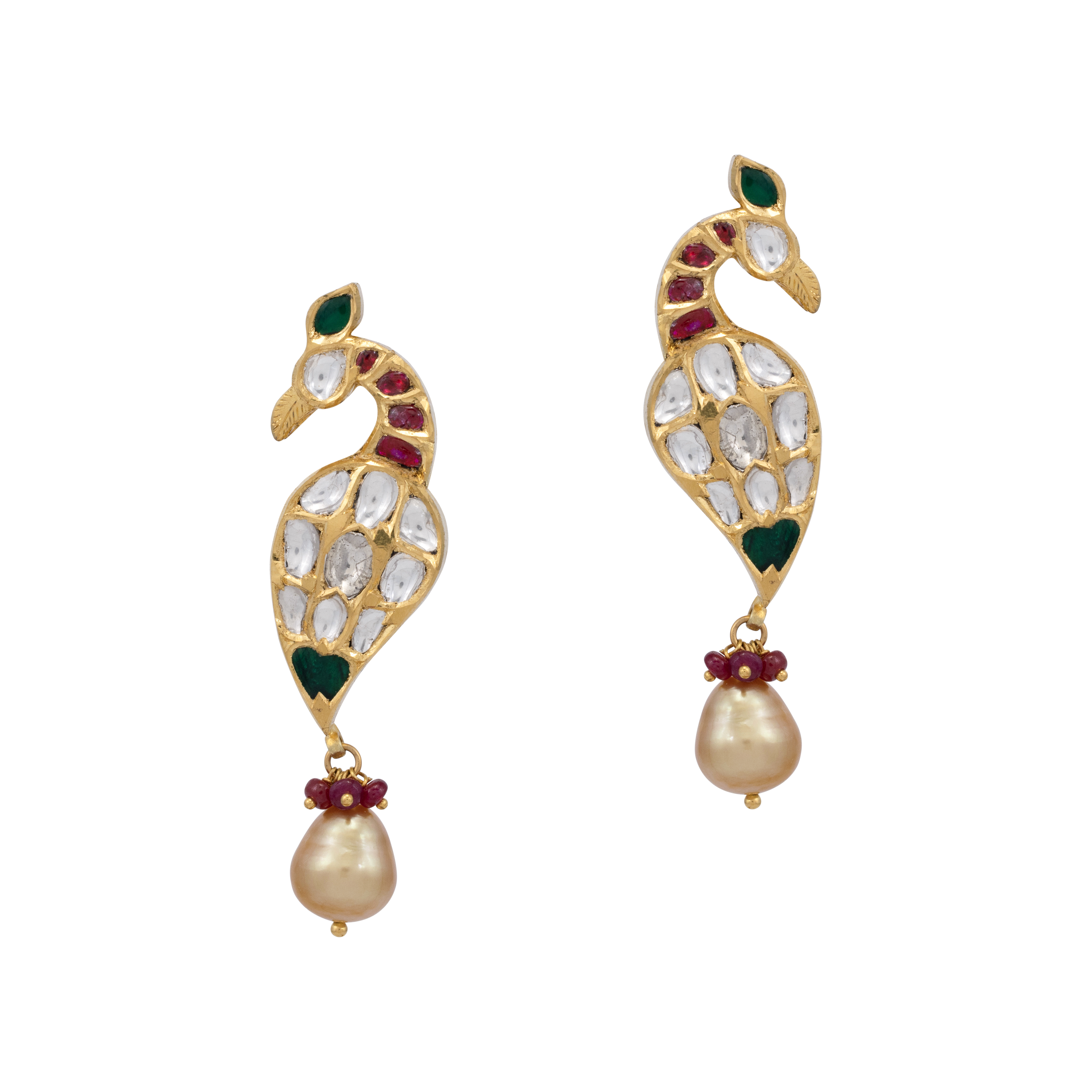 Peacock Motif Earrings with Uncut Polki and Pearl