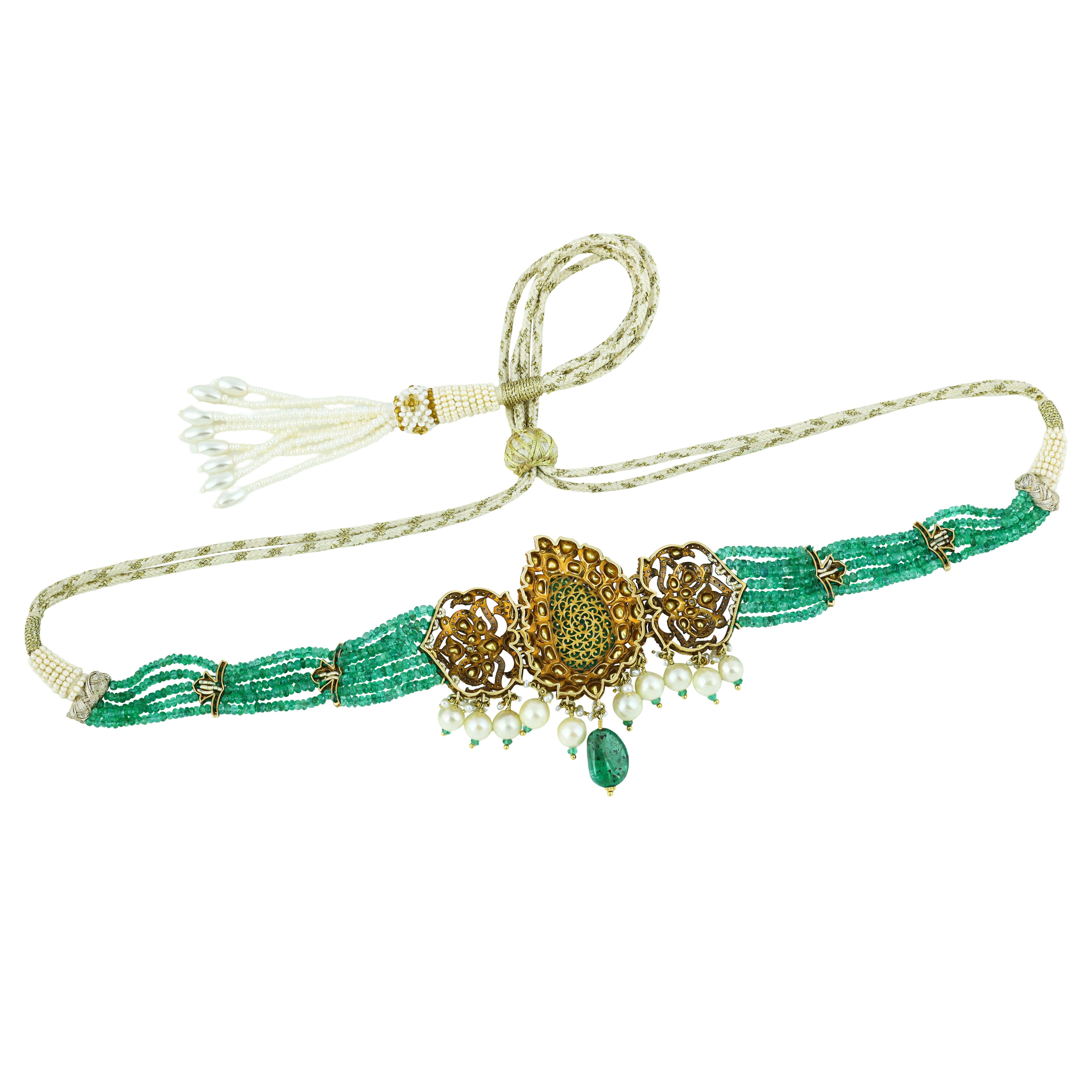 Carved Emerald Choker with Polki, Diamond Filigree, and Pearl Drops