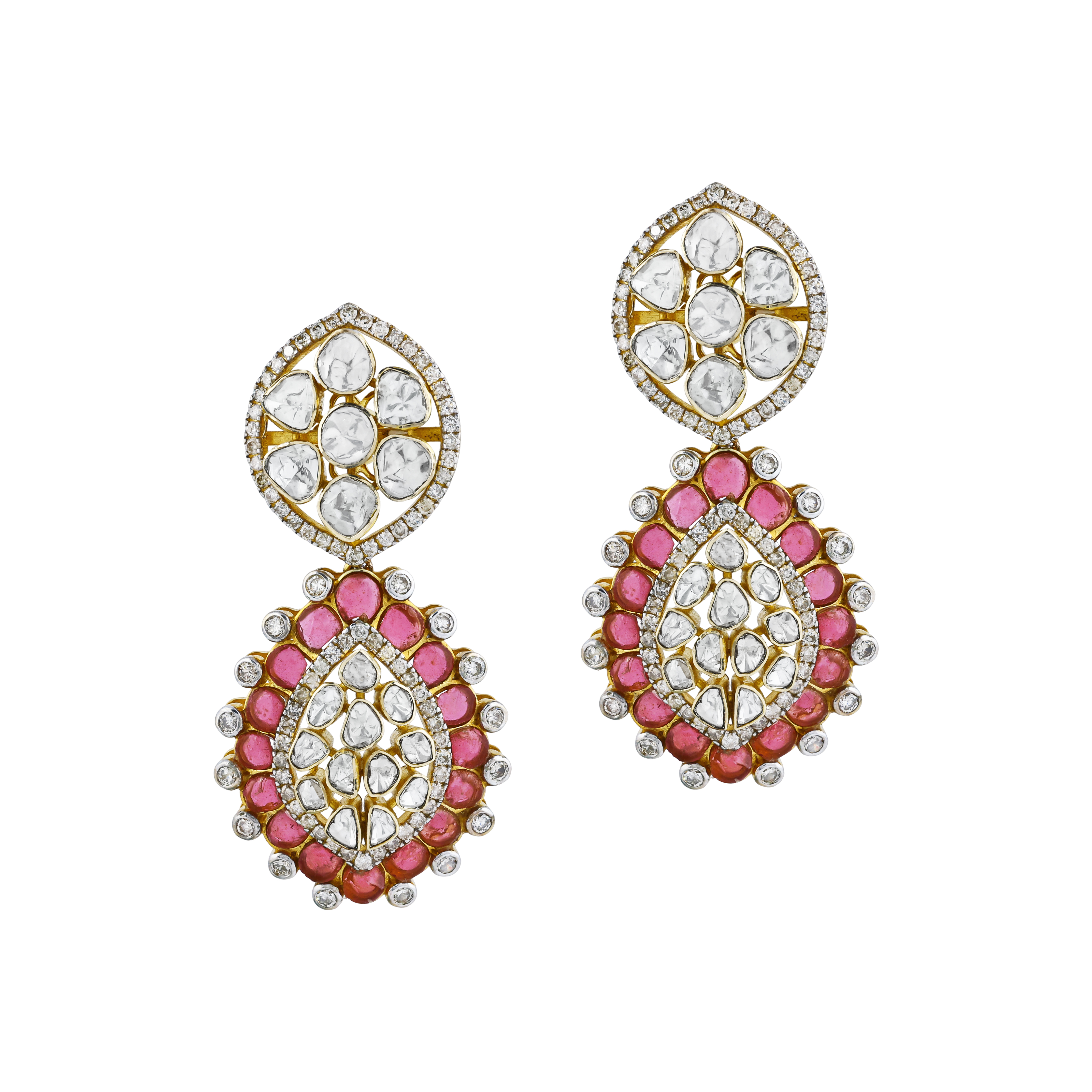 Earrings with Uncut Diamonds and Pink Colour Stone Accents