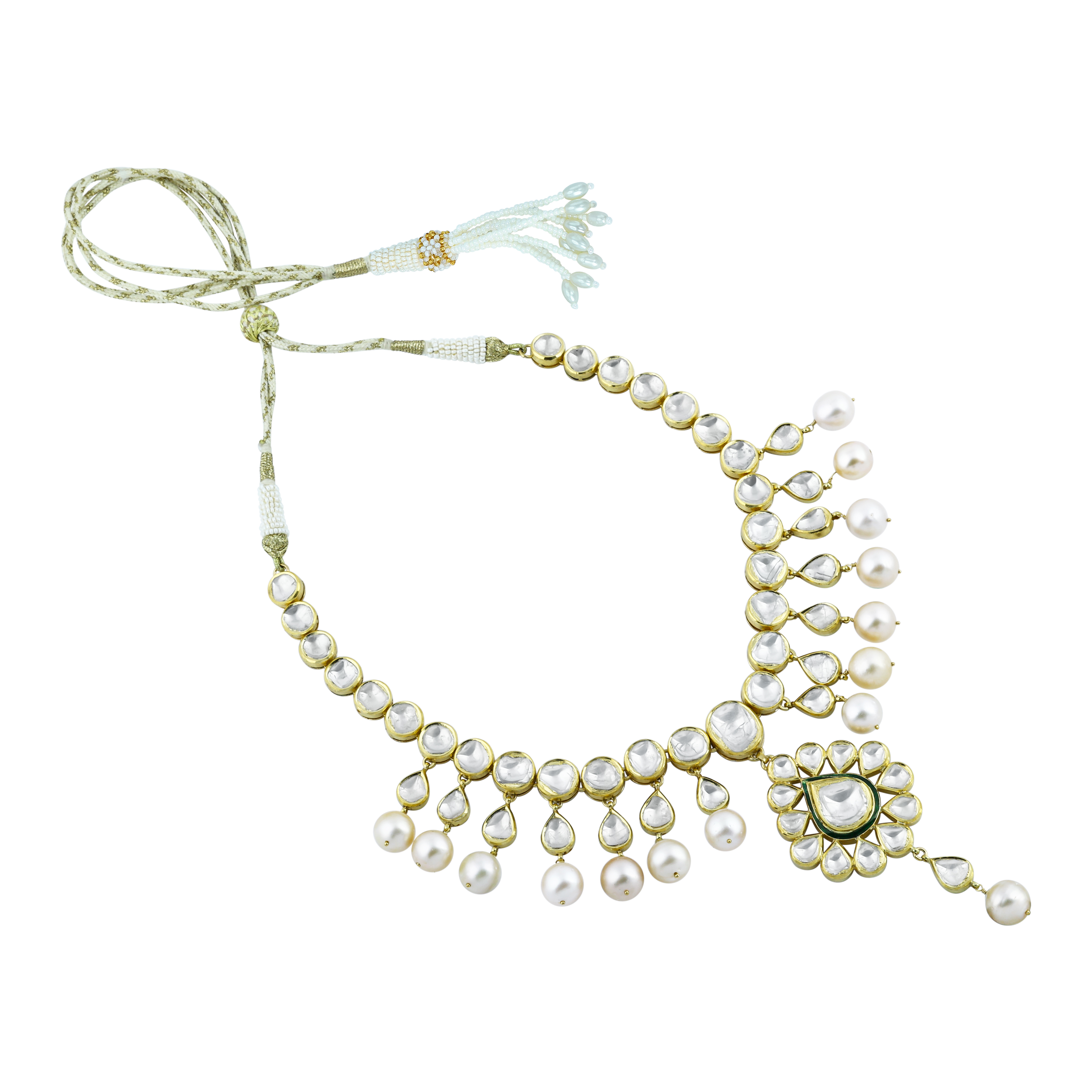 Polki Necklace with Pearl Drops and Central Motif