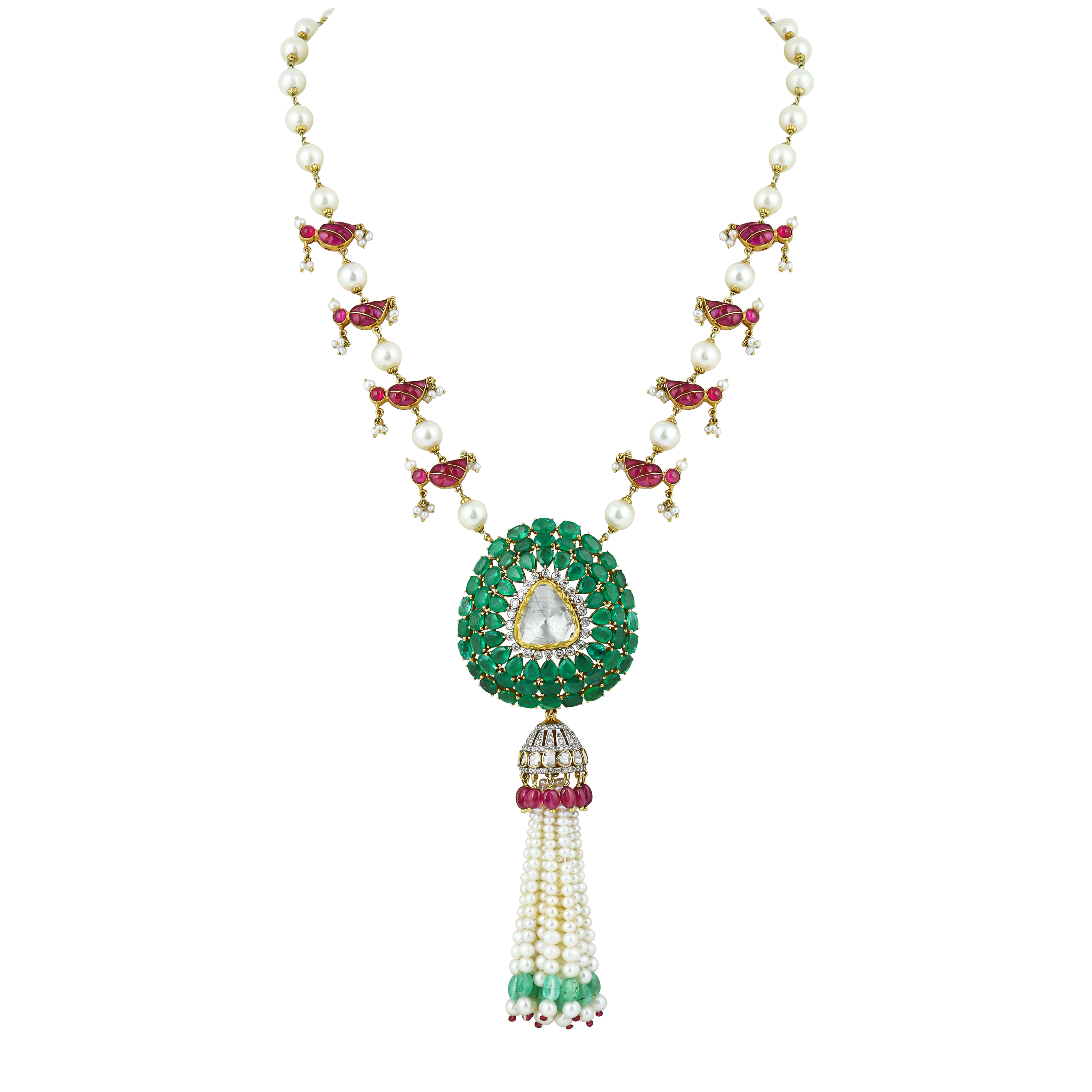 Emerald Polki Pendant with Ruby Motifs & Pearl-Emerald Tassels