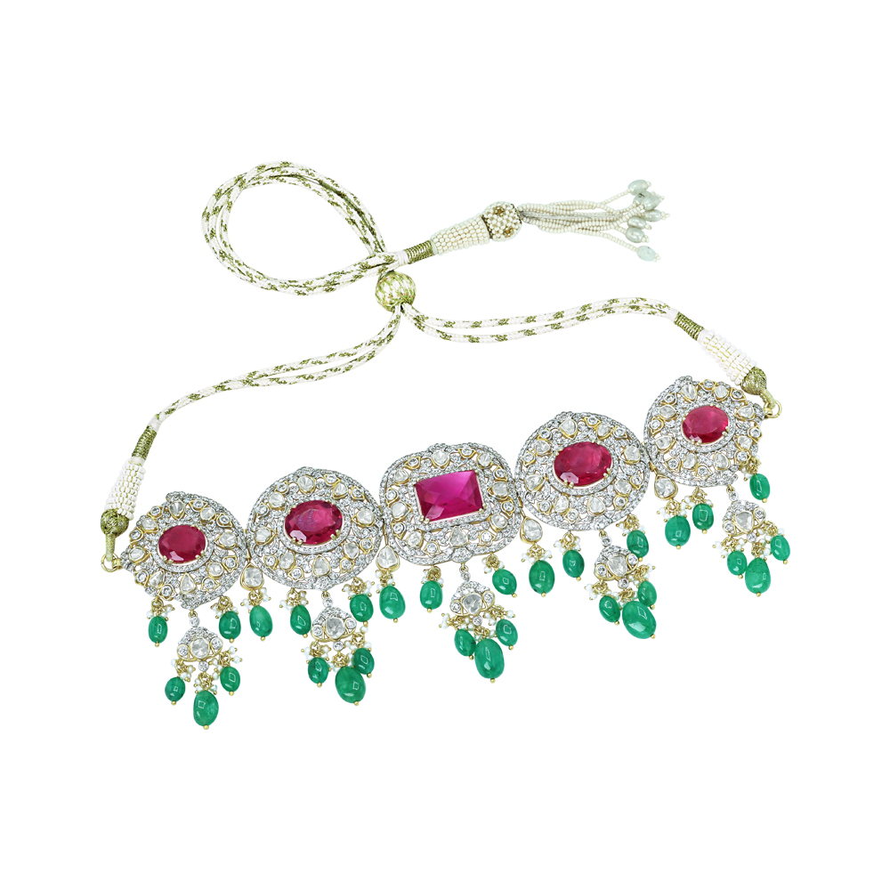 Tourmaline Choker with Polki Diamonds, Emerald Drops, and Pearls