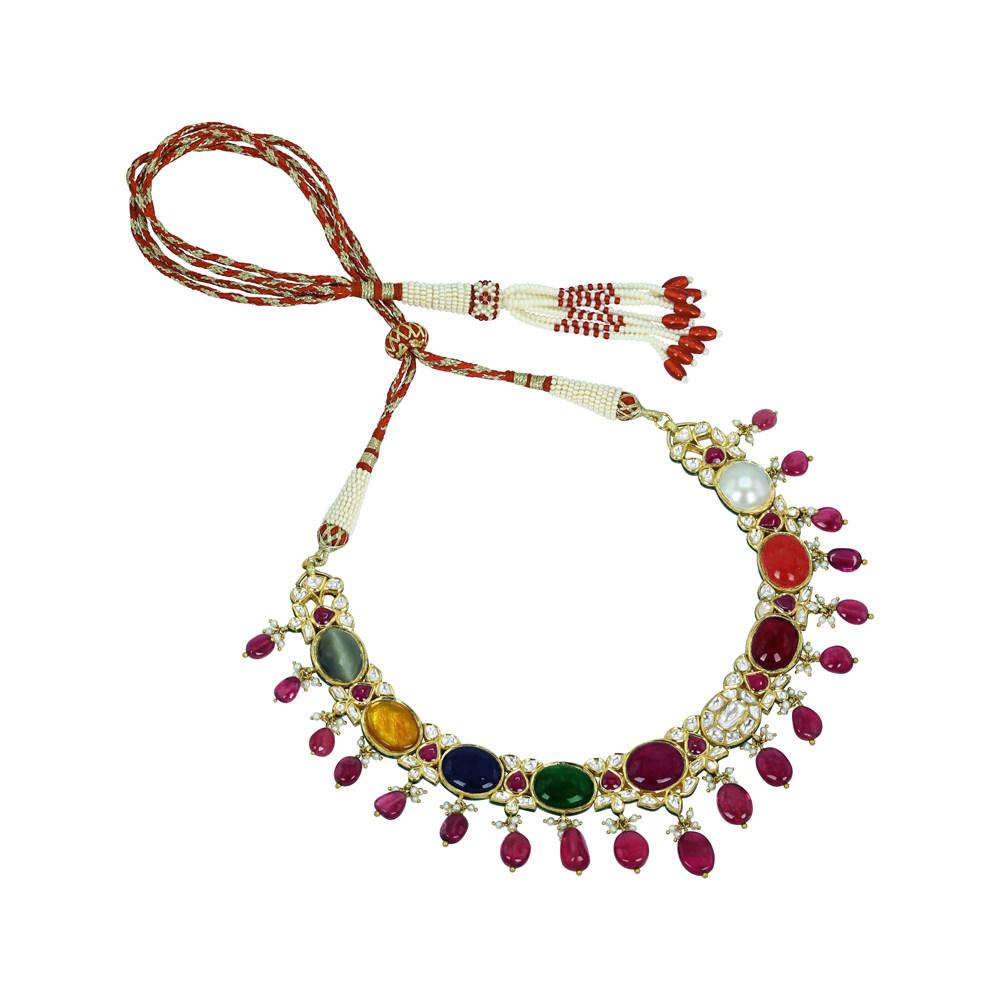 Navratan Necklace with Polki Diamonds and Ruby Drops