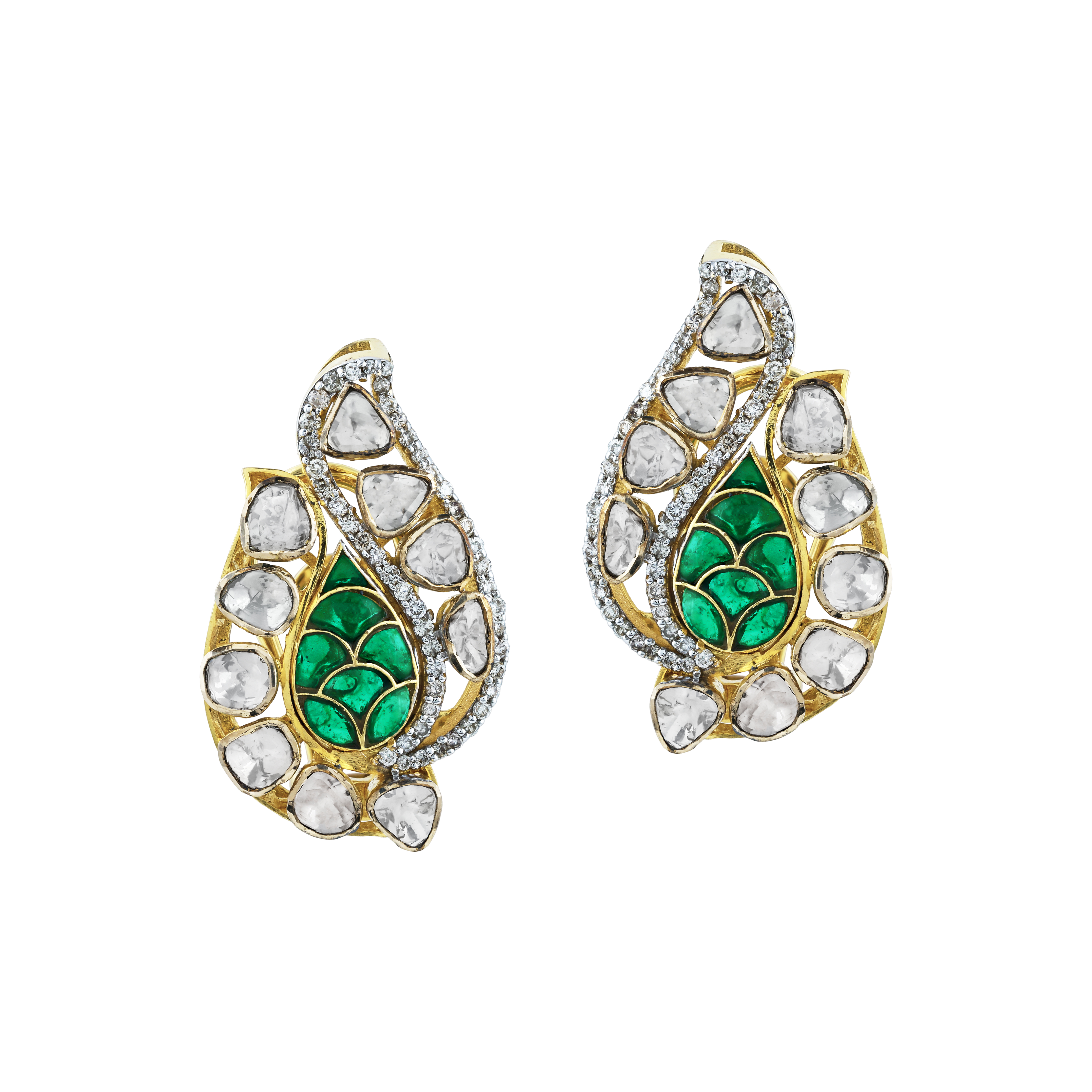 Leafy Earrings with Uncut Diamond Polki and Vibrant Green Accents