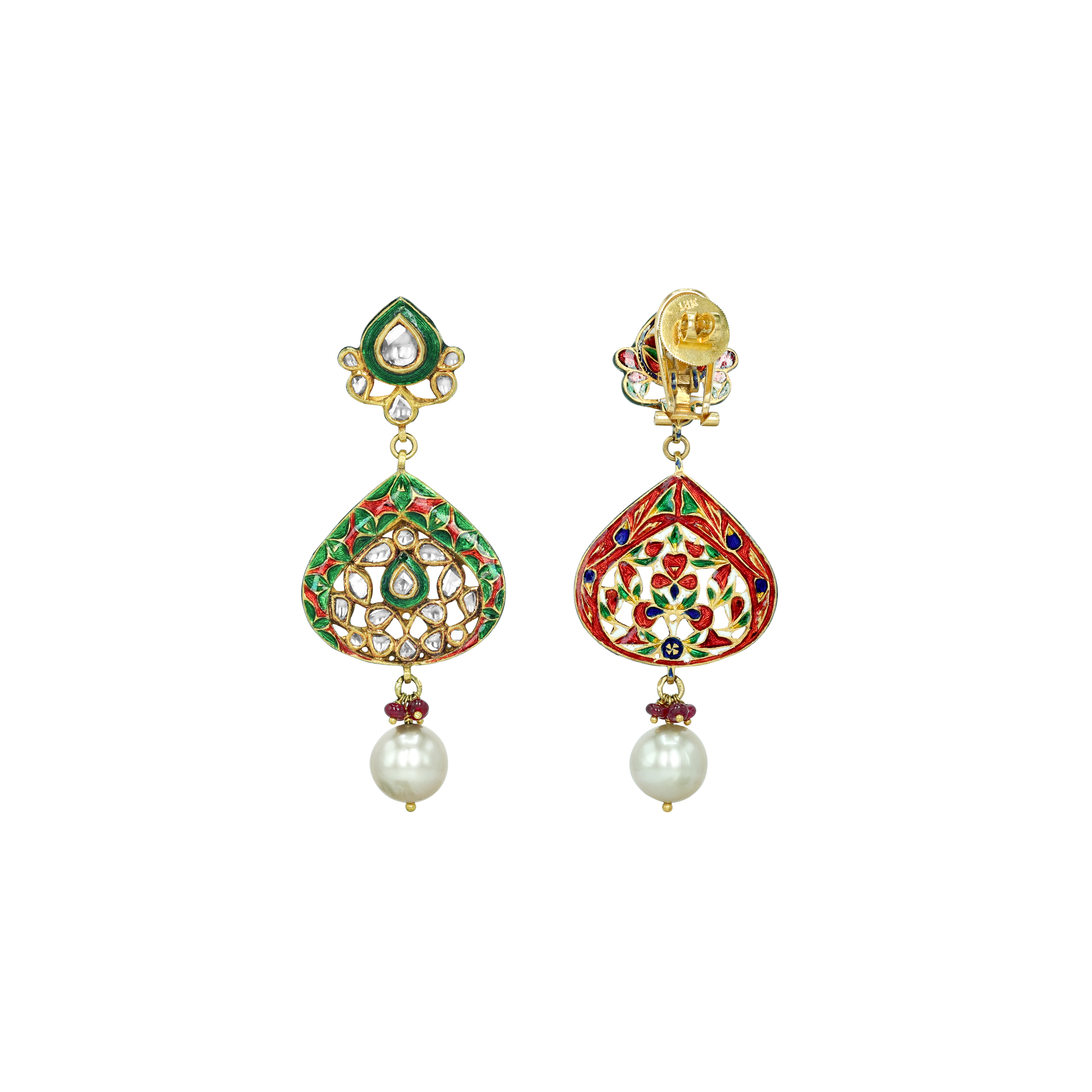 Polki Necklace Set with Green Enamel, Pearl Strands, and Drops