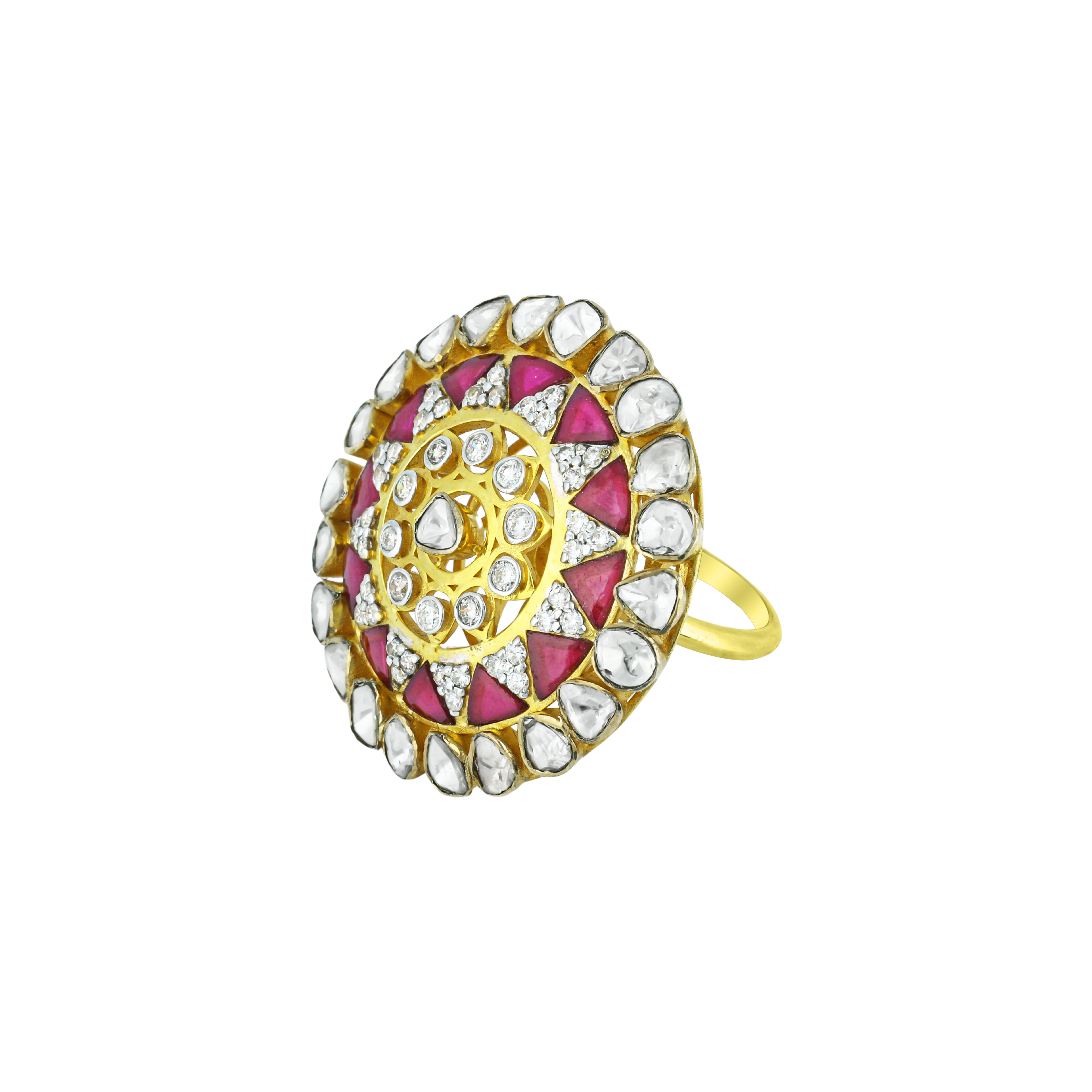 Polki Ring with Red Talafs and Polki Detailing