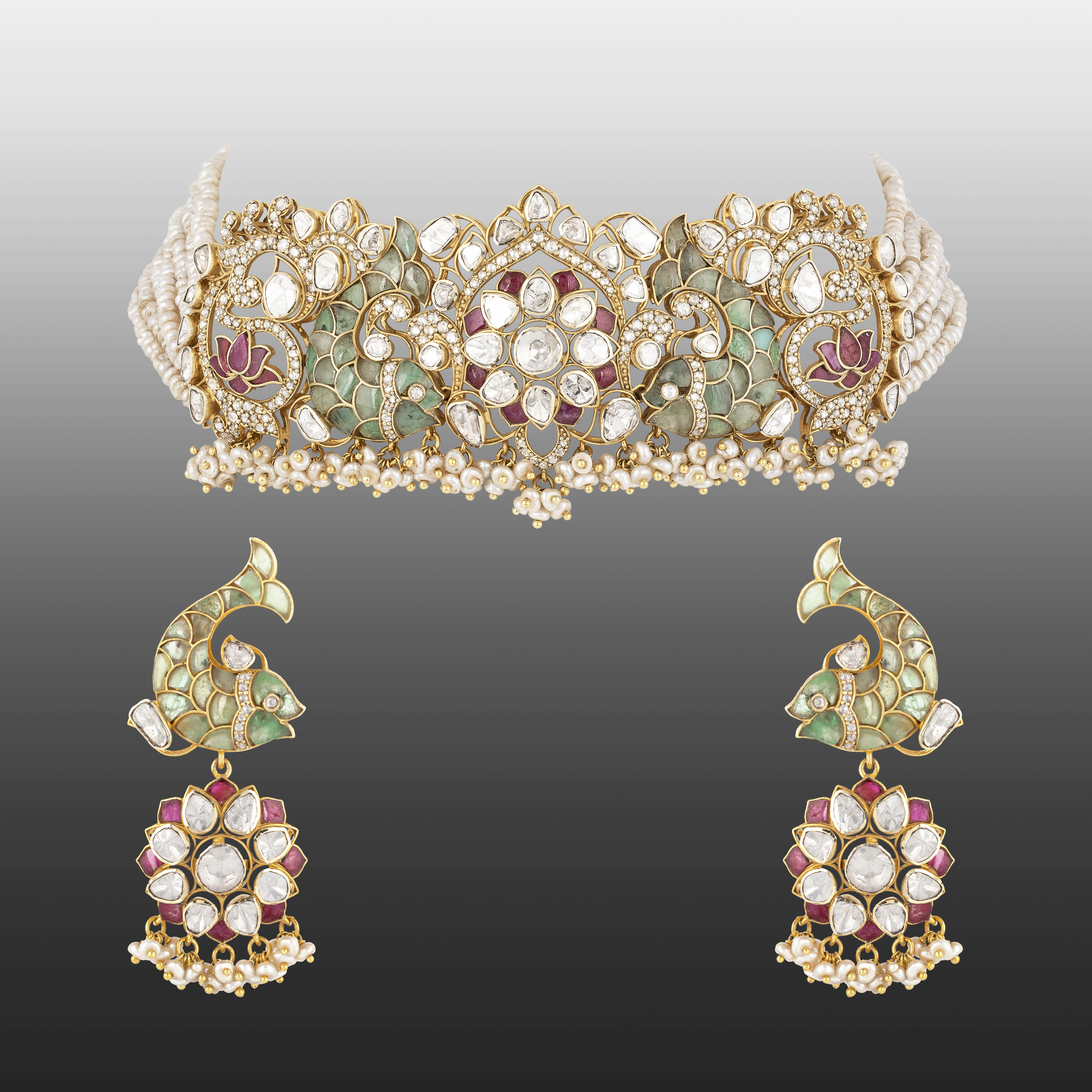 Floral Polki Diamond Choker Set with Green Talaf & Fish Motifs