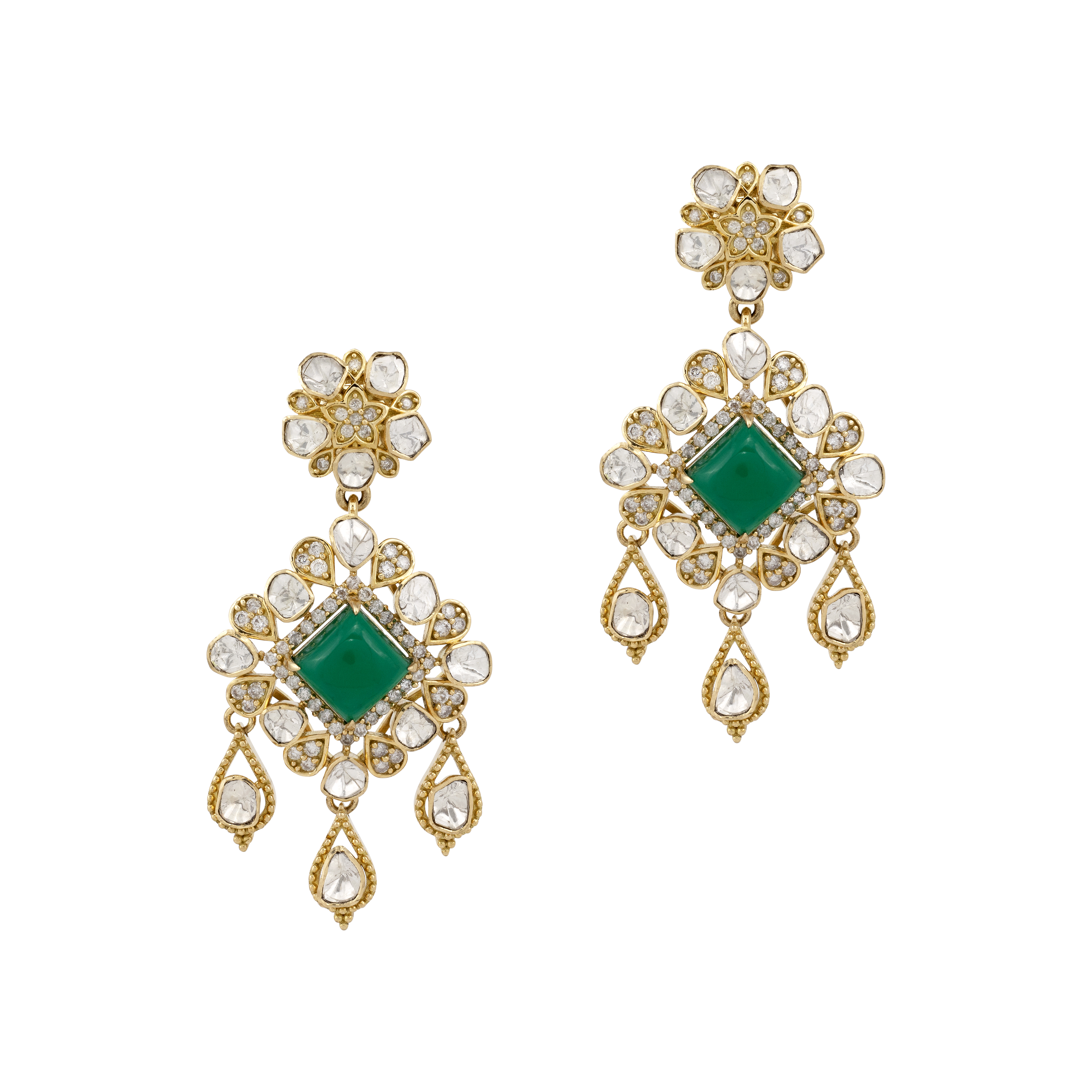 Polki Drop Earrings with Emerald Colour Center Stone