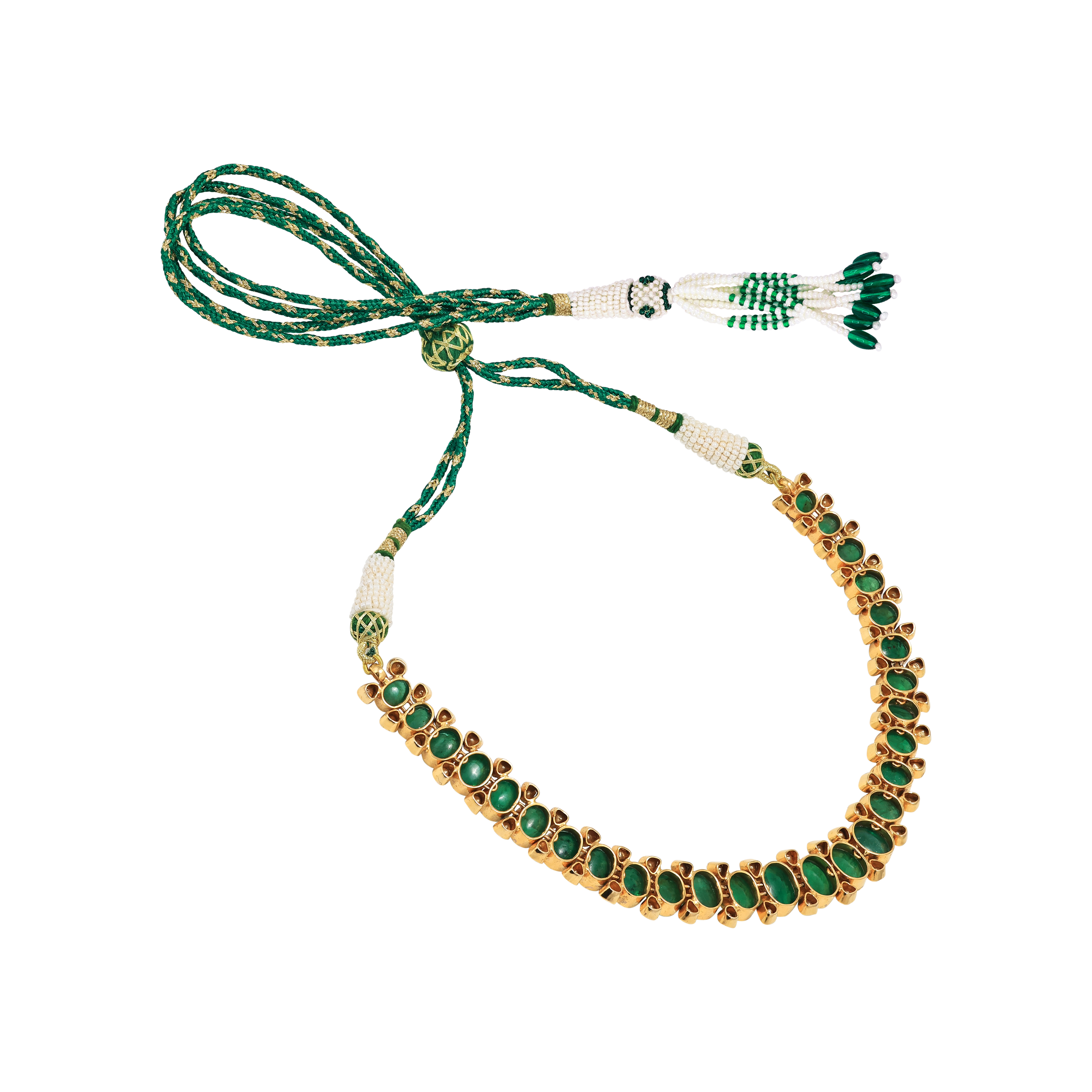 Emerald Cabochon Polki Necklace with Floral Stud
