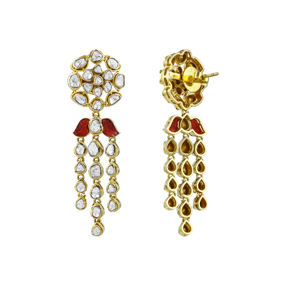 Triple-Drop Earrings with Uncut Diamonds and Red Talaf