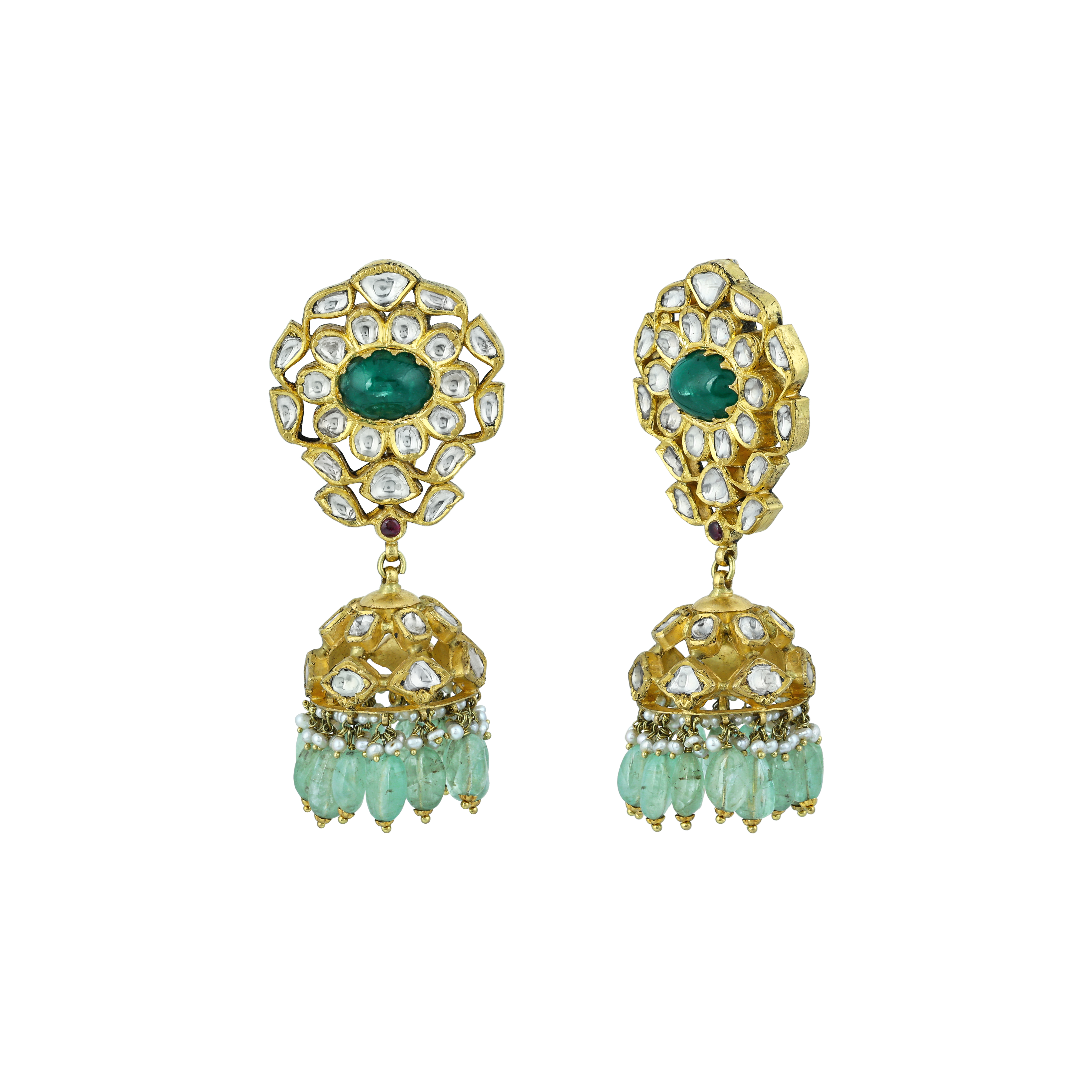 Green Cabochons & Polki Necklace Set with Pearl Accents