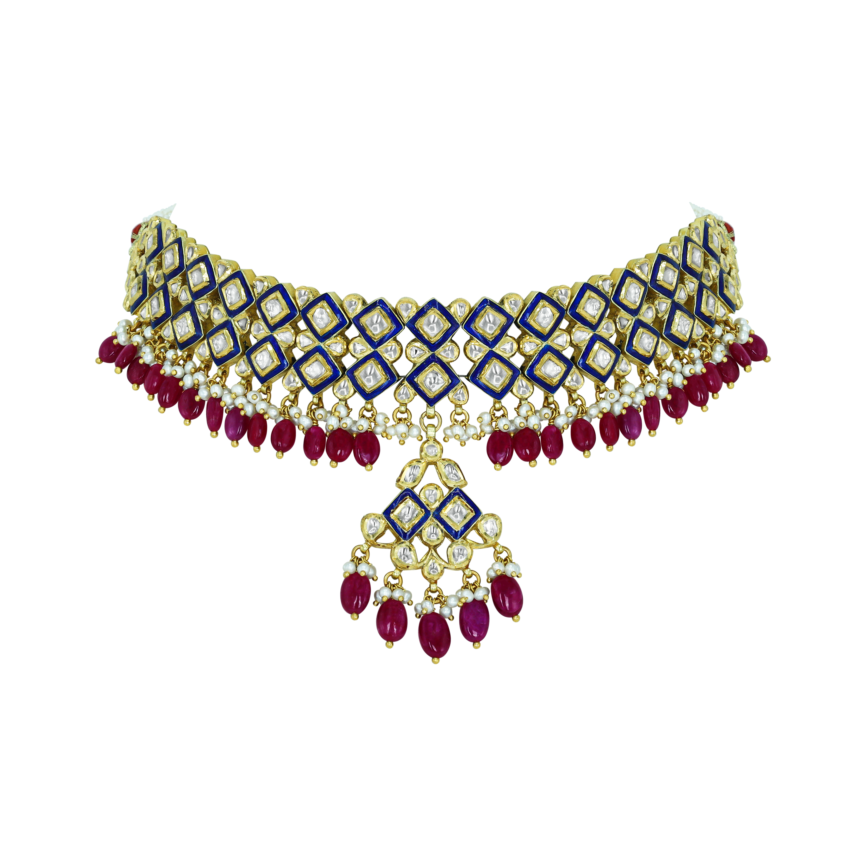 Polki Choker with Blue Enamel, Ruby Drops, and Culture Pearls