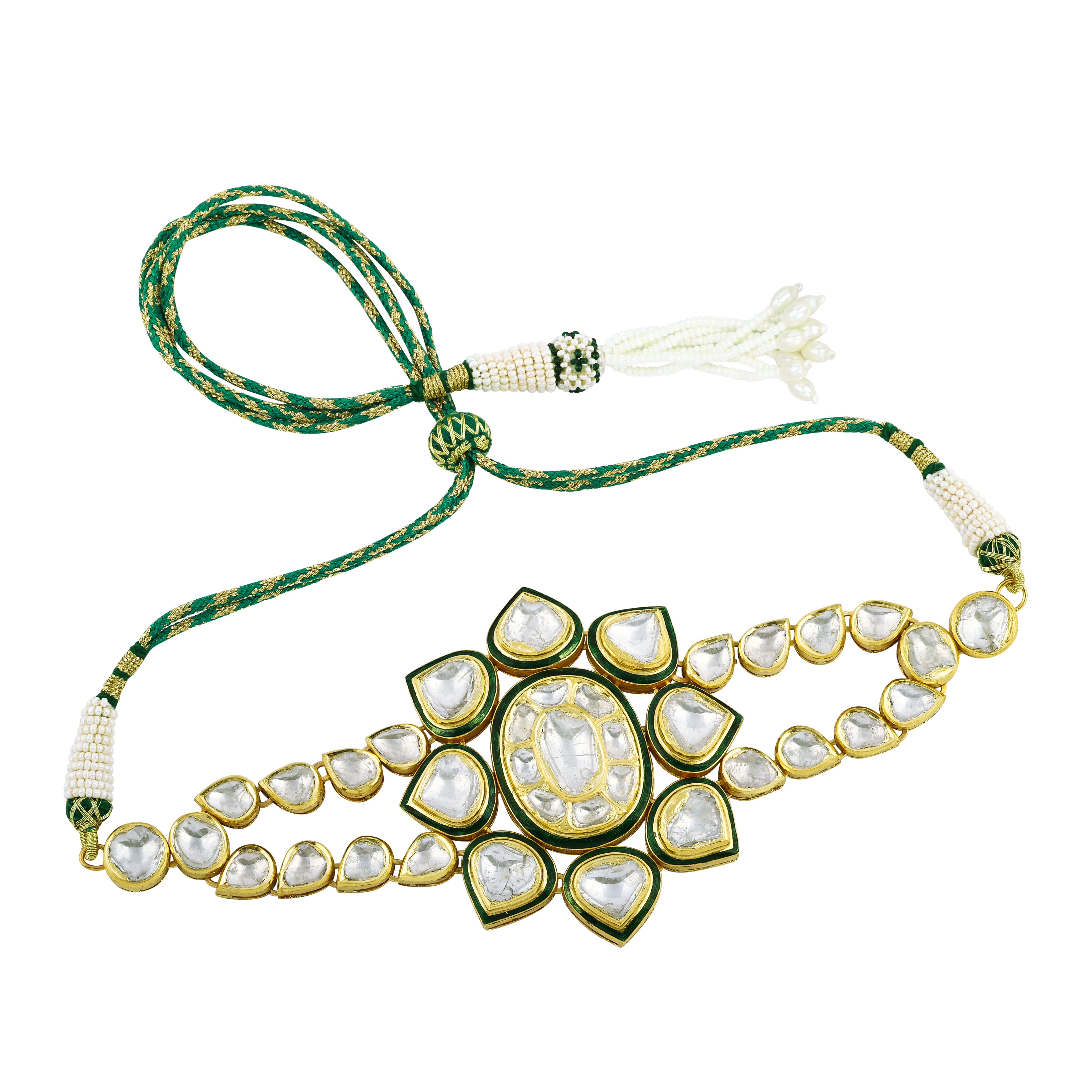 Flower Polki Choker with Green Enamel and Dual Polki Strings