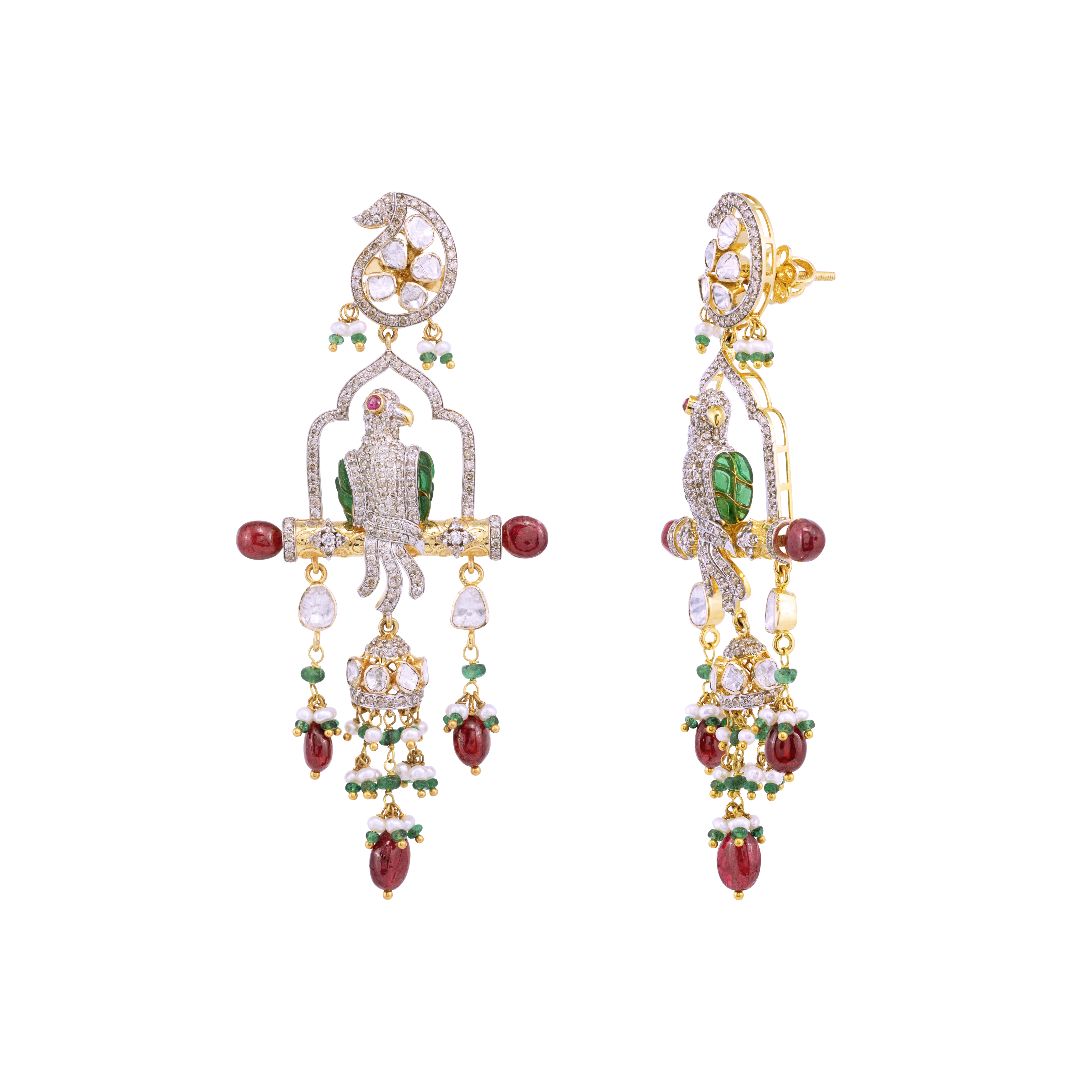 Bird Motif Earrings with Spinel and Emeralds