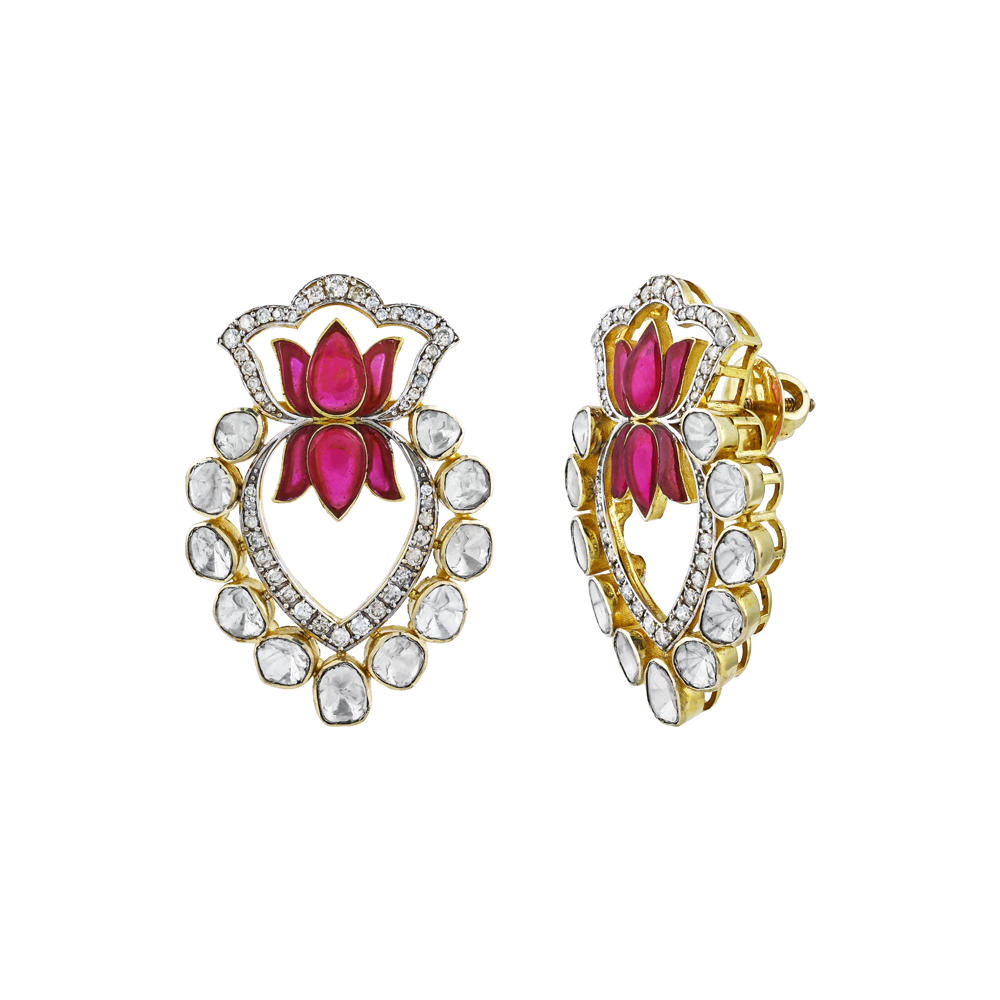 Lotus Motif Earrings with Uncut Diamonds and Red Talaf Accents