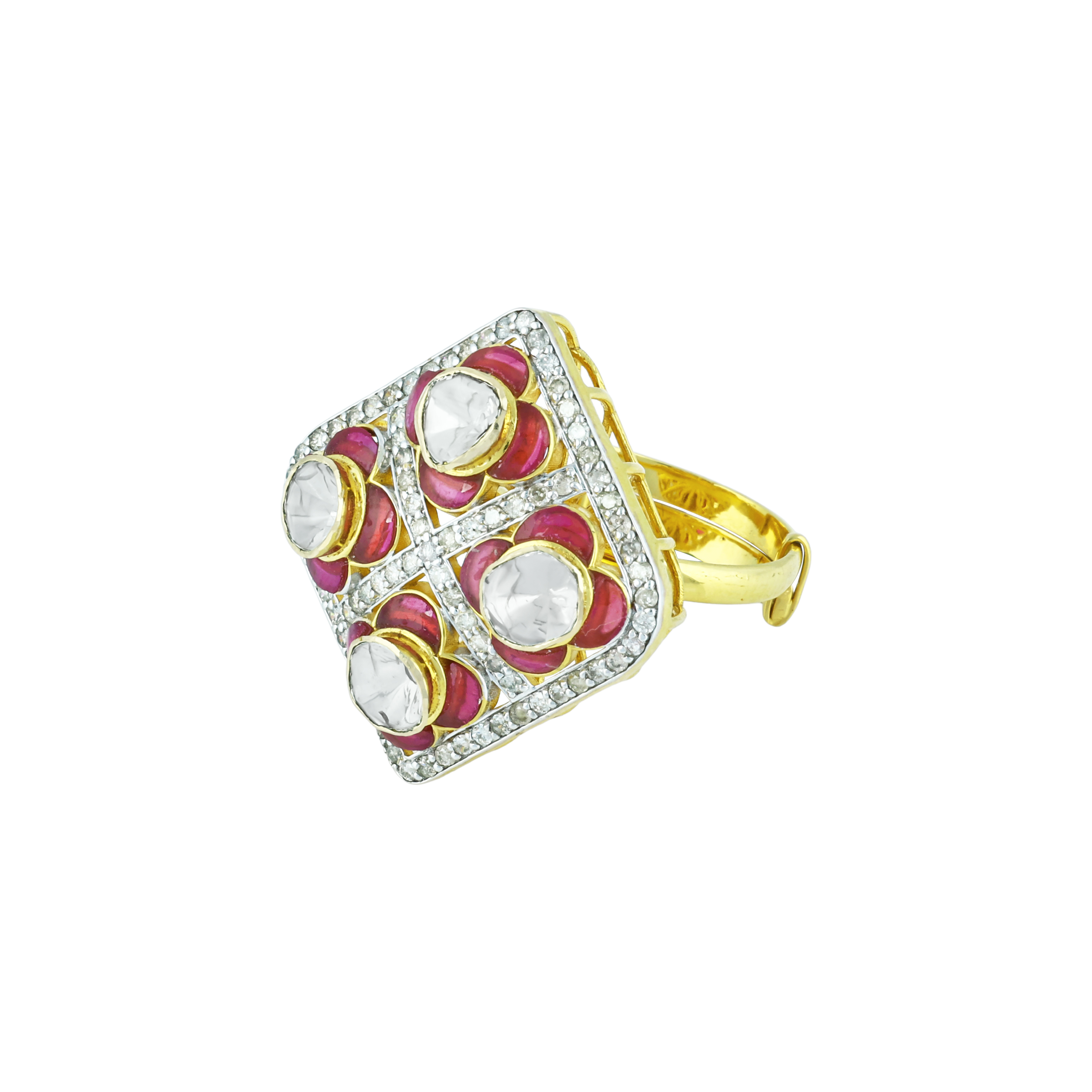 Square Polki Ring with Pink Enamel and Diamond Border