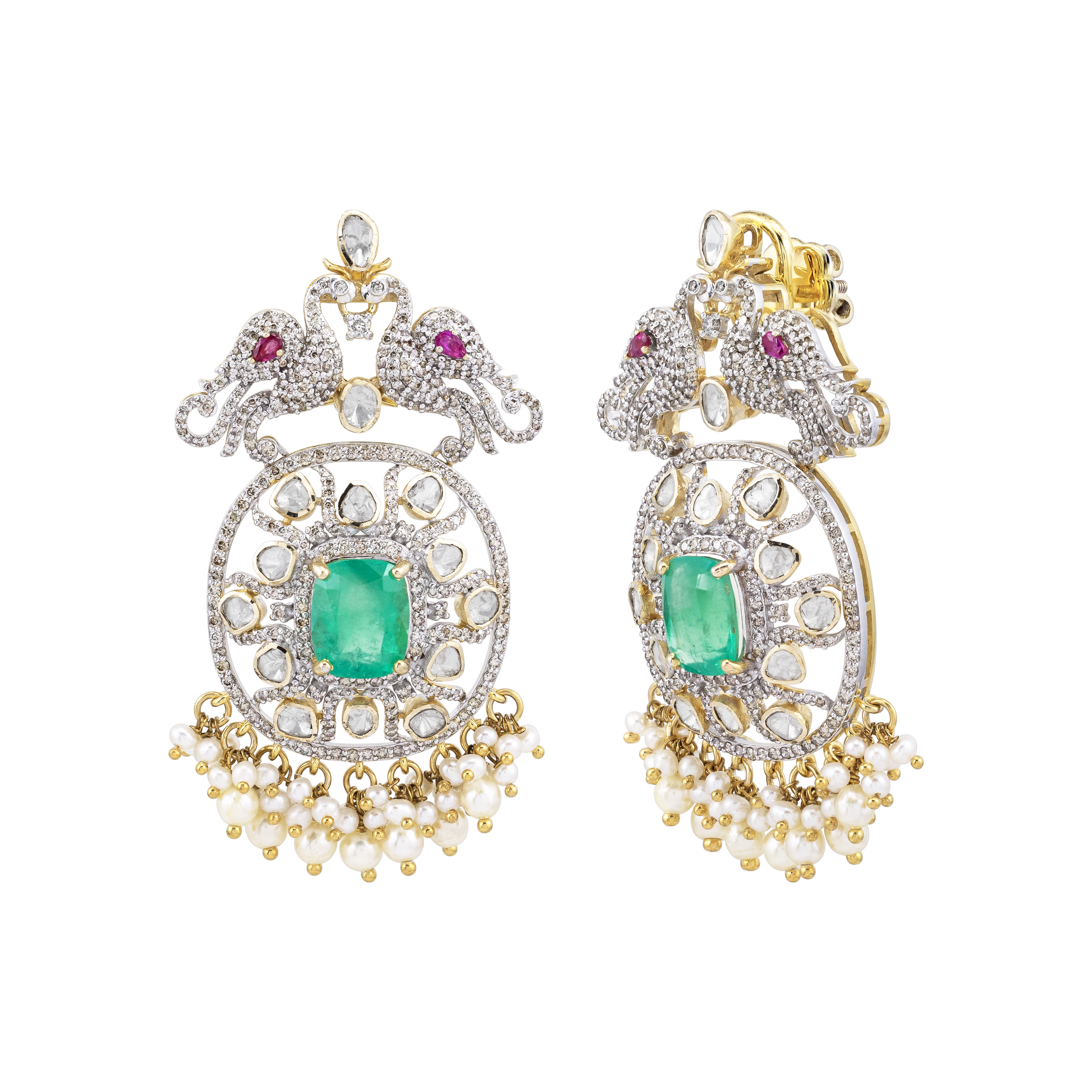 Emerald Cutstone Earrings with Twin Peacock