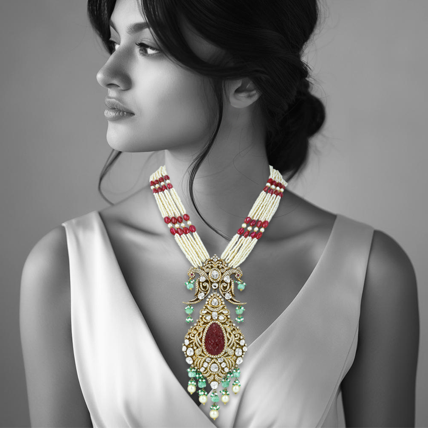 Carved Colourstone Polki Necklace with Pearl, Ruby, and Emerald Drops