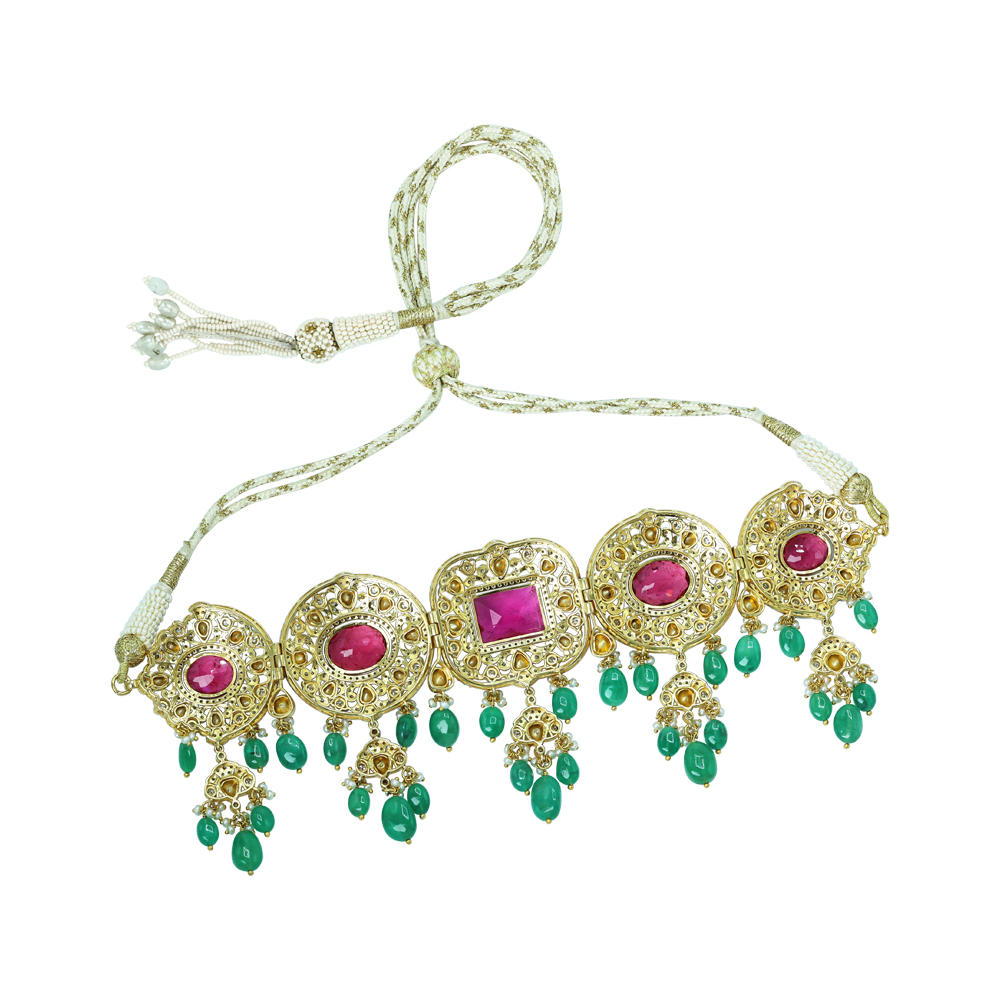 Tourmaline Choker with Polki Diamonds, Emerald Drops, and Pearls