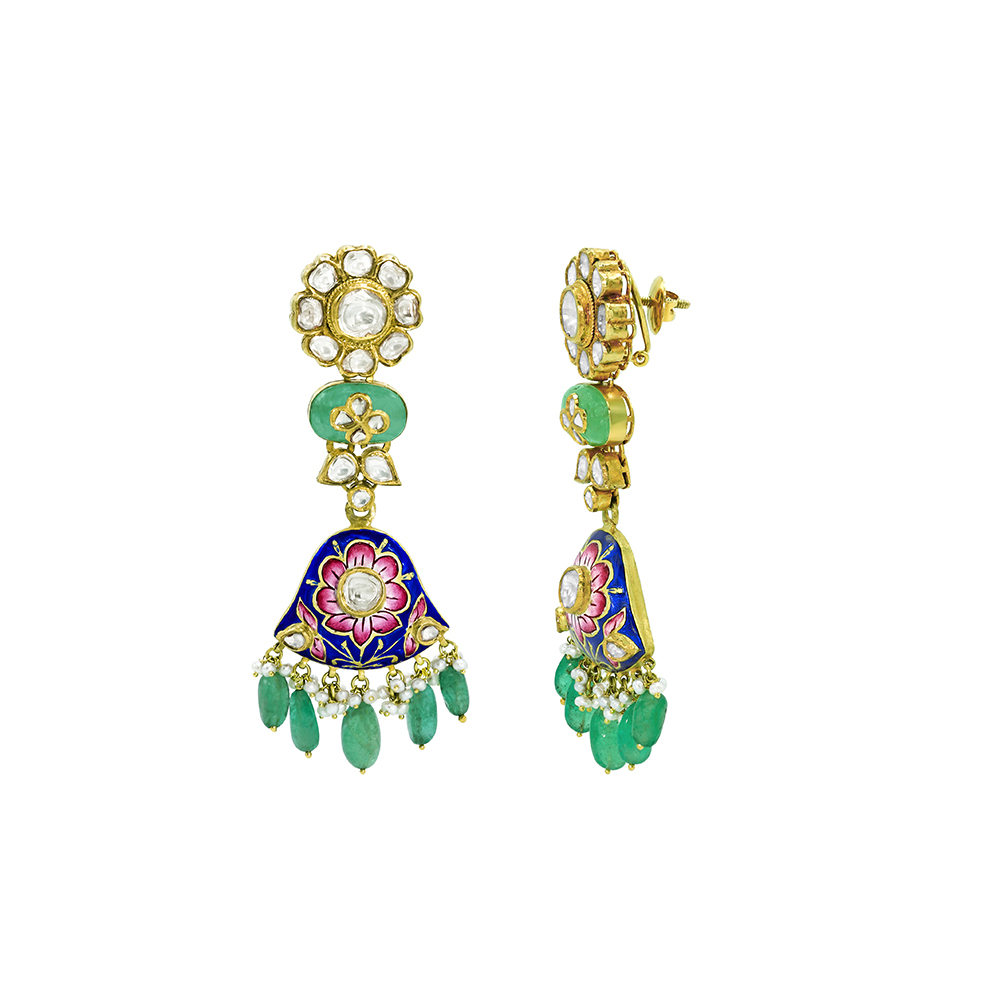 Polki Earrings with Blue-Pink Enamel, Emeralds, and Pearls