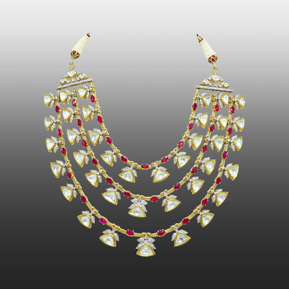 Gold Wire Necklace with Rubies, Polki, and Full-Cut Diamonds