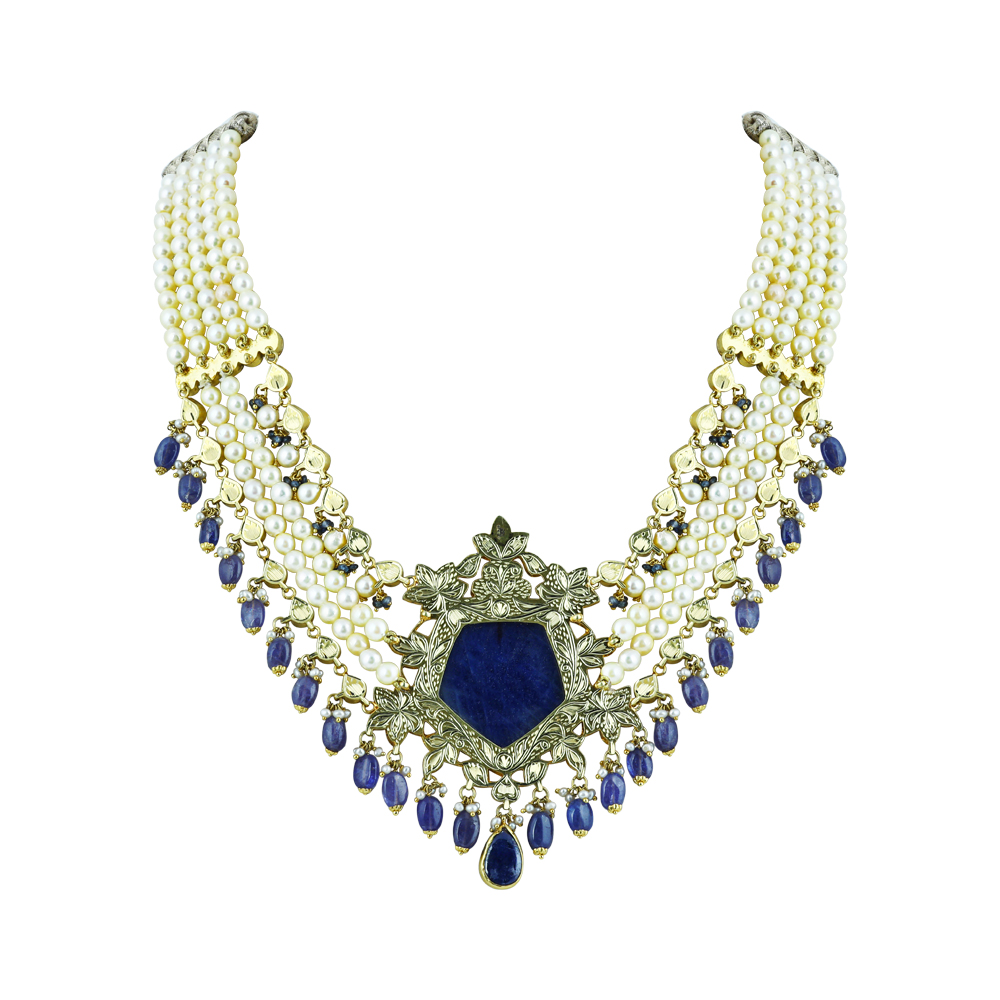 Pearl Strings and Carved Blue Stone Necklace Set with Polki
