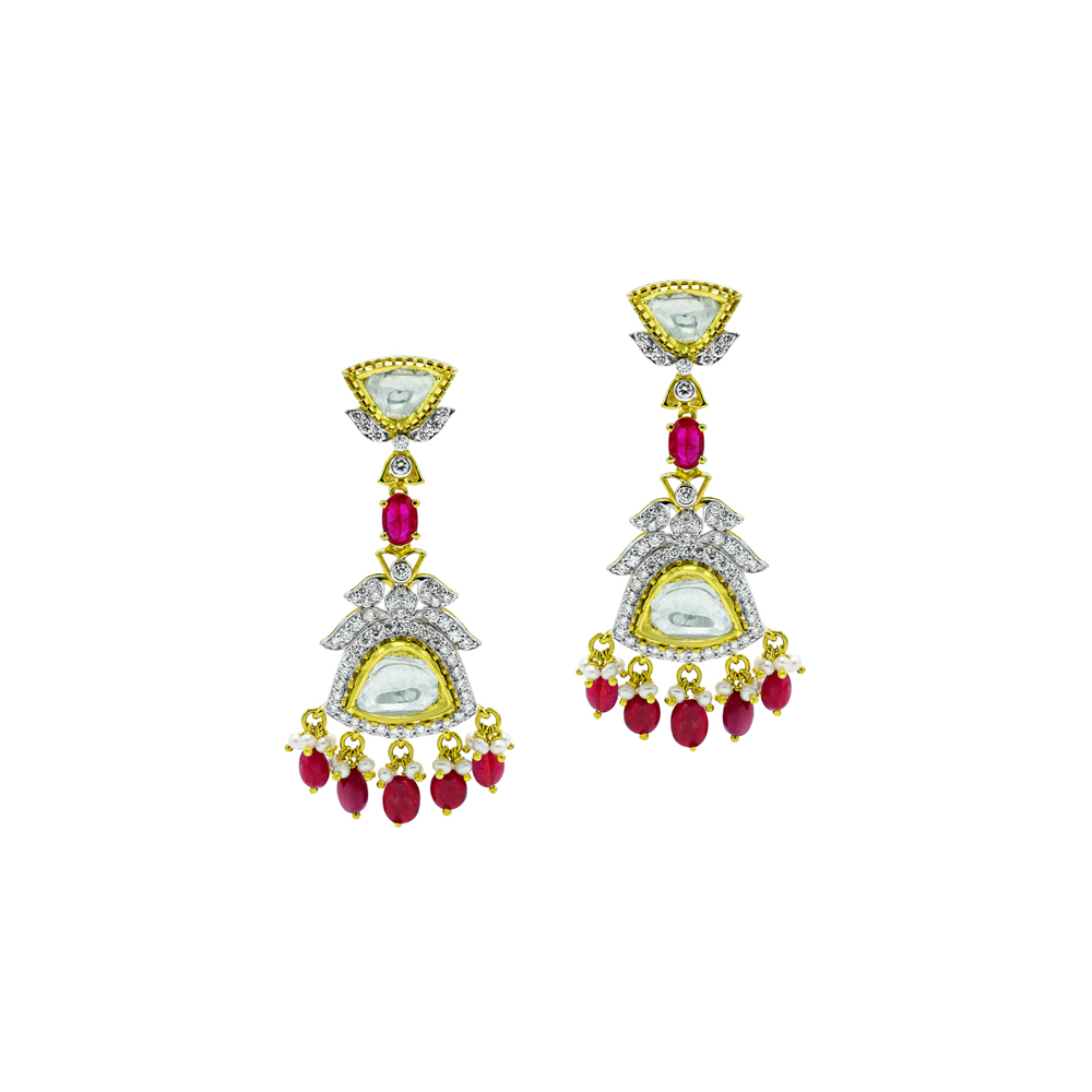 Ruby and Polki Earrings with Full-Cut Diamonds and Drops