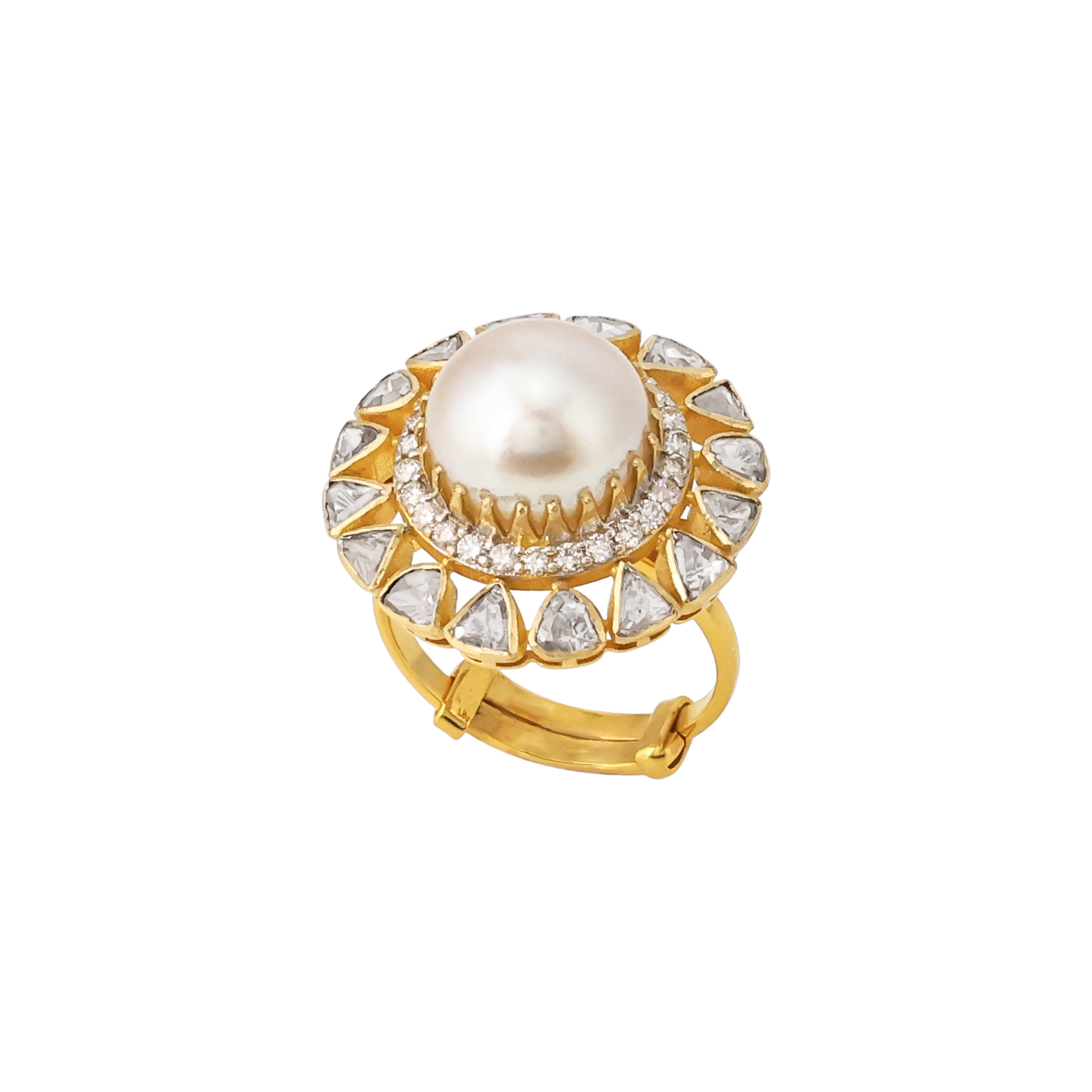 Pearl Ring with Polki and Full-Cut Diamond Halo