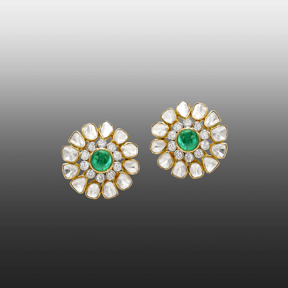 Floral Polki Stud Earrings with Center Emerald and Diamond Cluster