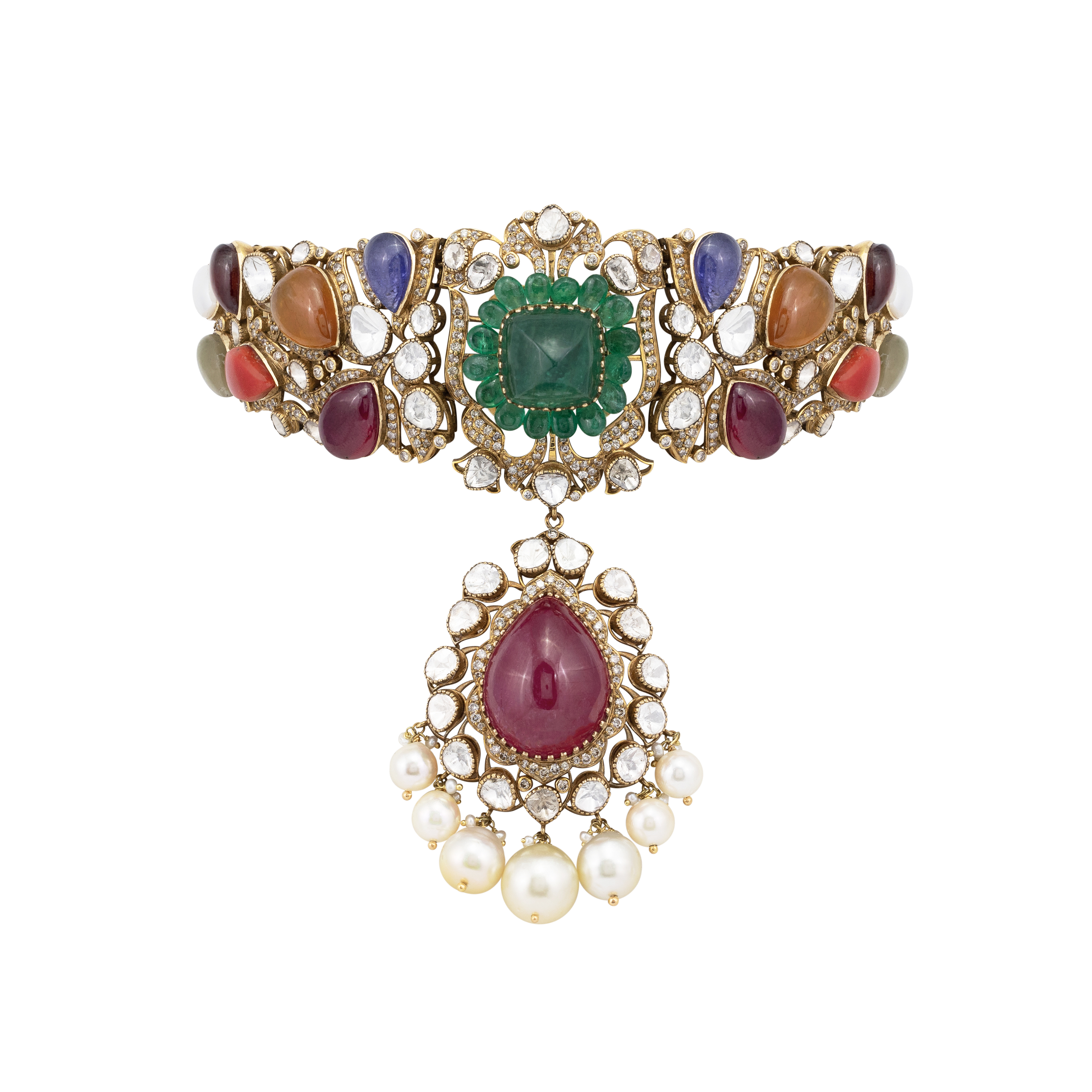 Antique Navratan Choker with Uncut Polkis and Cabochons