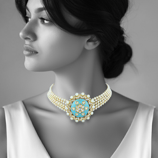 Pearl Choker with Turquoise Enamel and Floral Polki Centerpiece