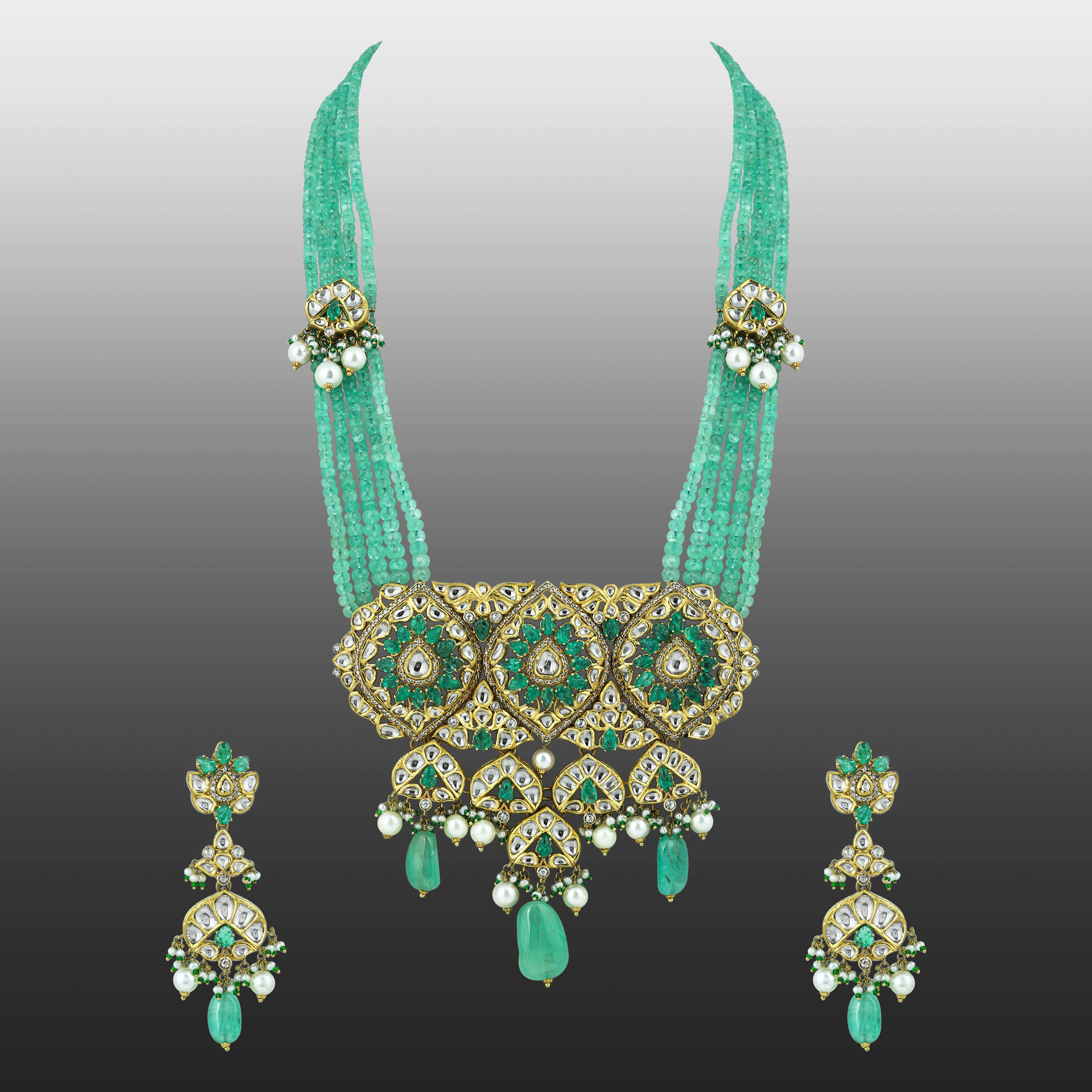 Pendant Necklace Set with Uncut Diamond Polki ,Green Tumble and Pearls