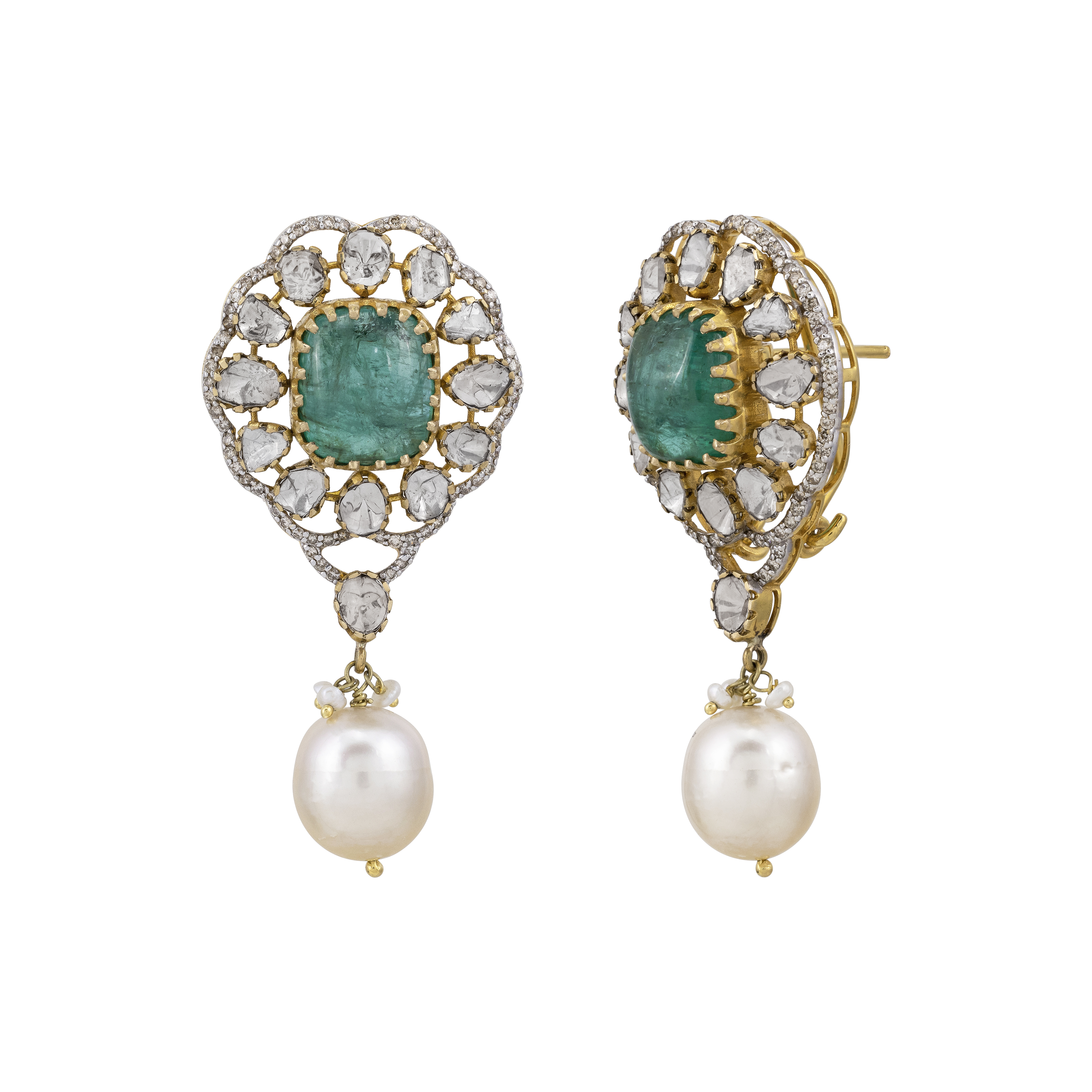 Claw-Set Emerald Earrings with Polki Diamond and Pearl Drops